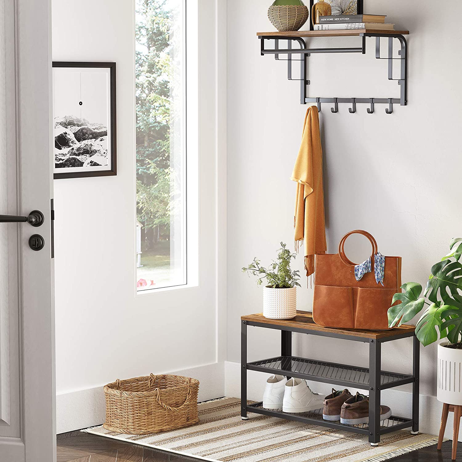 Klupa za cipele s 2 crne mrežaste police 73 x 30 x 45 cm, smeđe-crna | VASAGLE-vitahome.hr