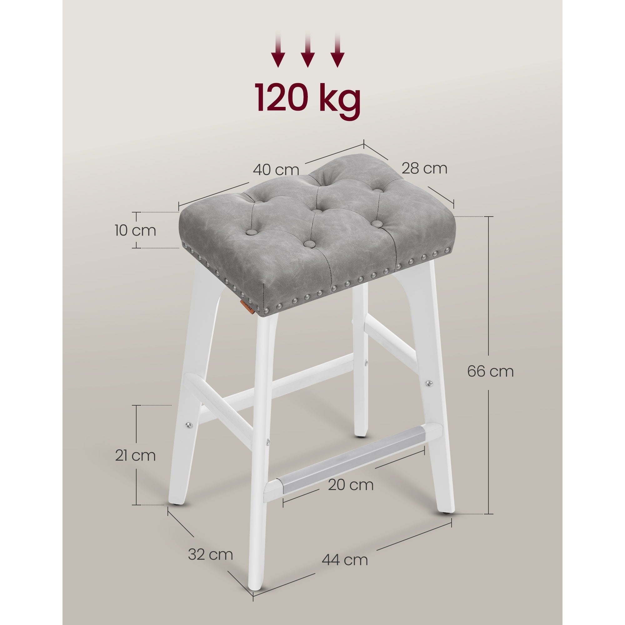Set od 2 barske stolice visine 66 cm s tapeciranim sjedalom, sivo-bijele | VASAGLE-vitahome.hr