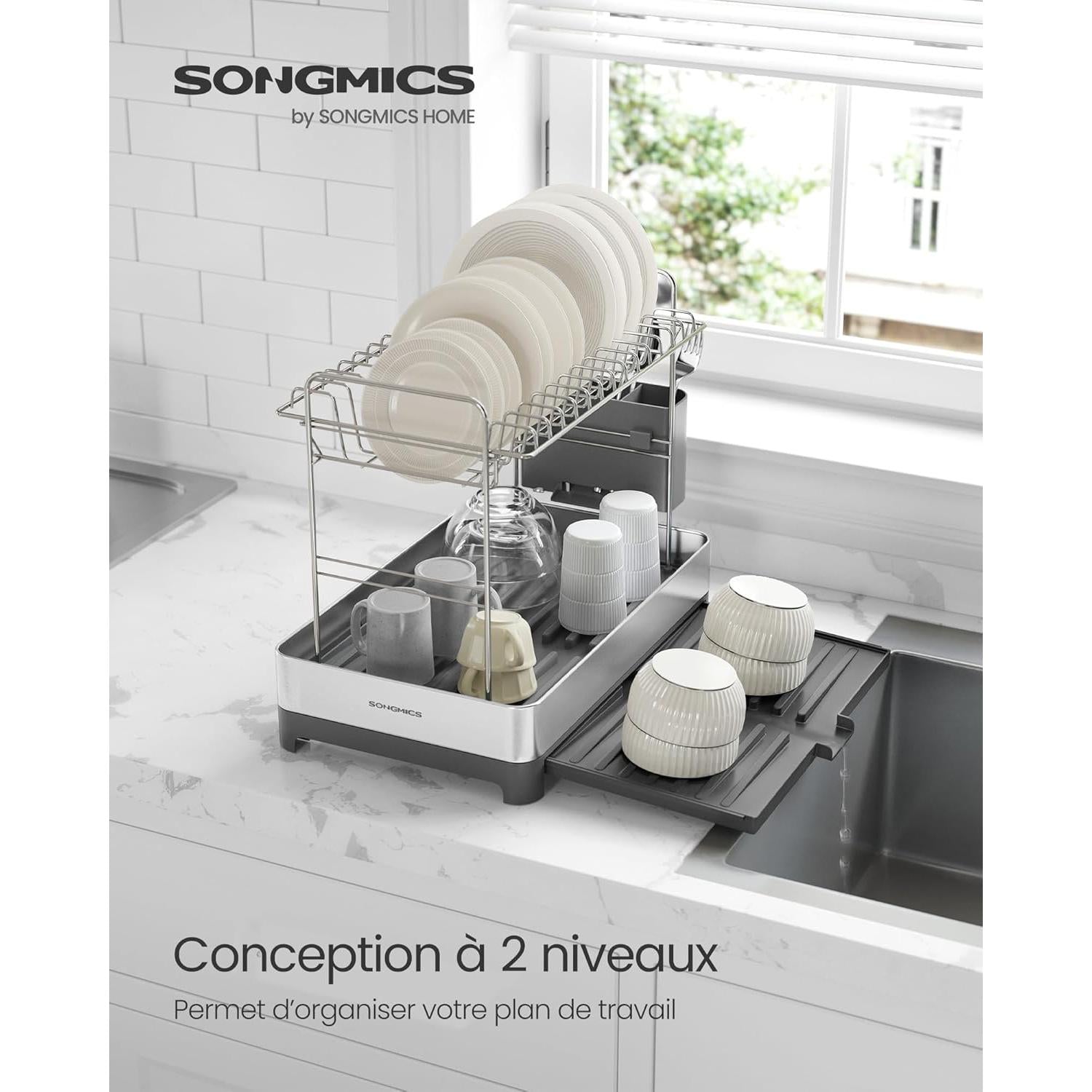 2-slojna, proširiva sušilica za posuđe, otporno na rđu, srebrno-sive boje | SONGMICS-vitahome.hr