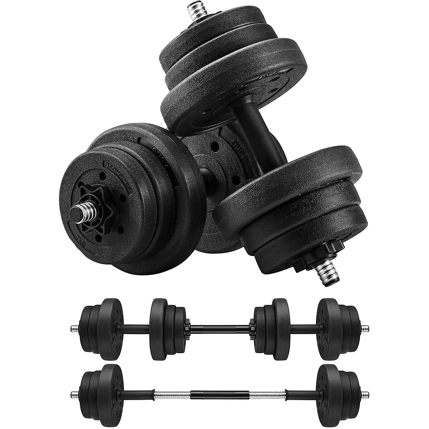 2-u-1 set bučica, 2 x 10 kg podesive bučice s dodatnom šipkom za utege | SONGMICS-vitahome.hr