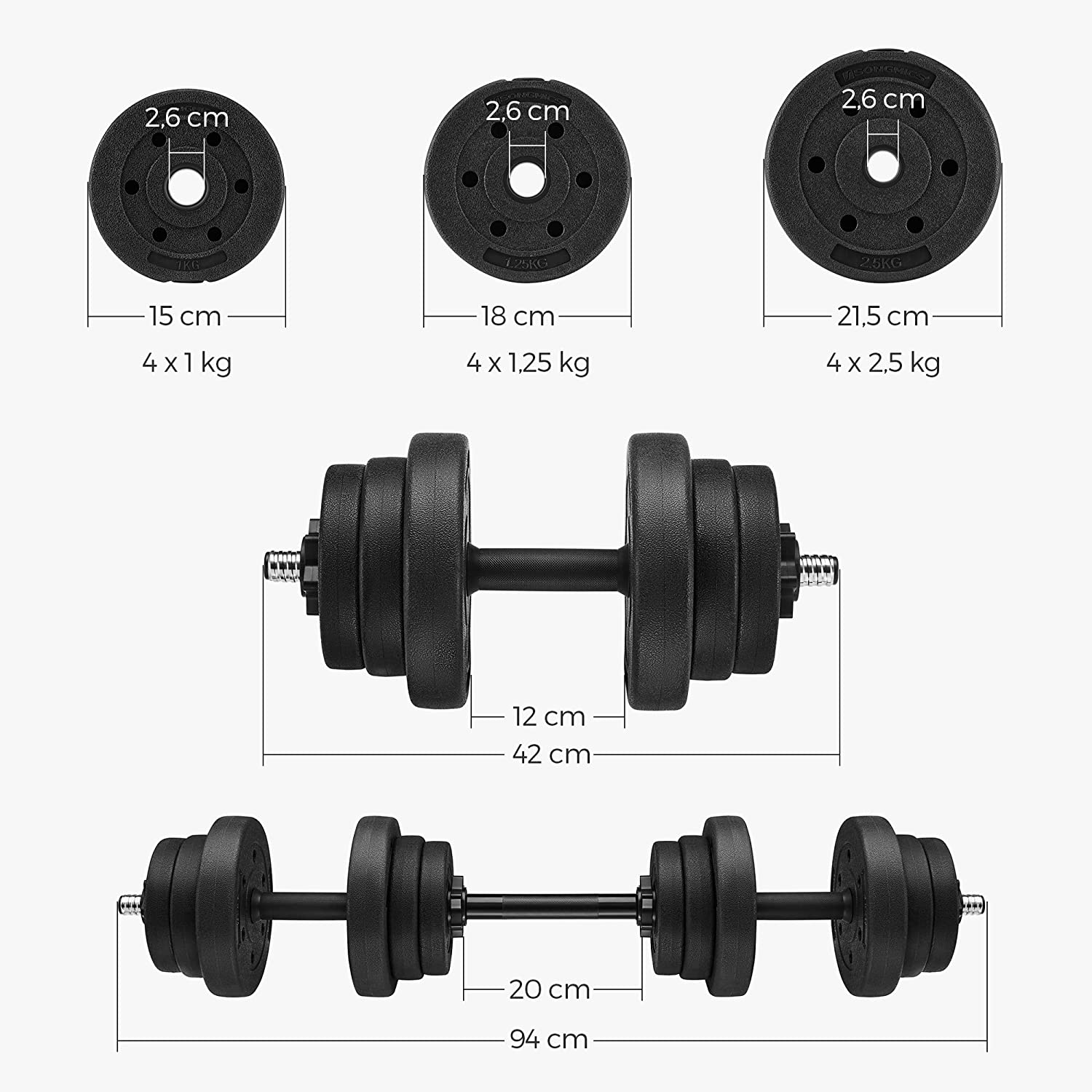 2-u-1 set bučica, 2 x 10 kg podesive bučice s dodatnom šipkom za utege | SONGMICS-vitahome.hr