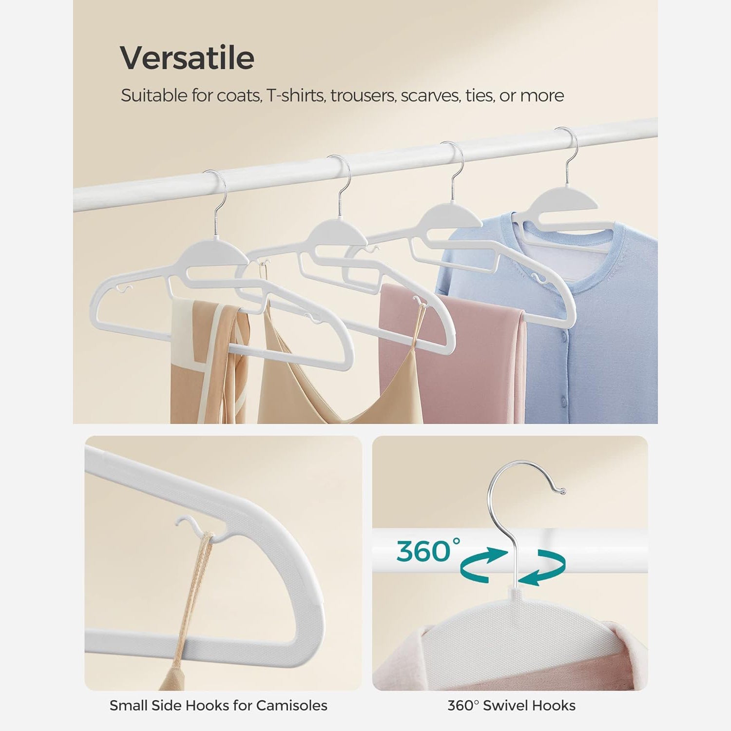20 Plastičnih vješalica za odjeću s okretnim kukama za 360°, bijele | SONGMICS-vitahome.hr