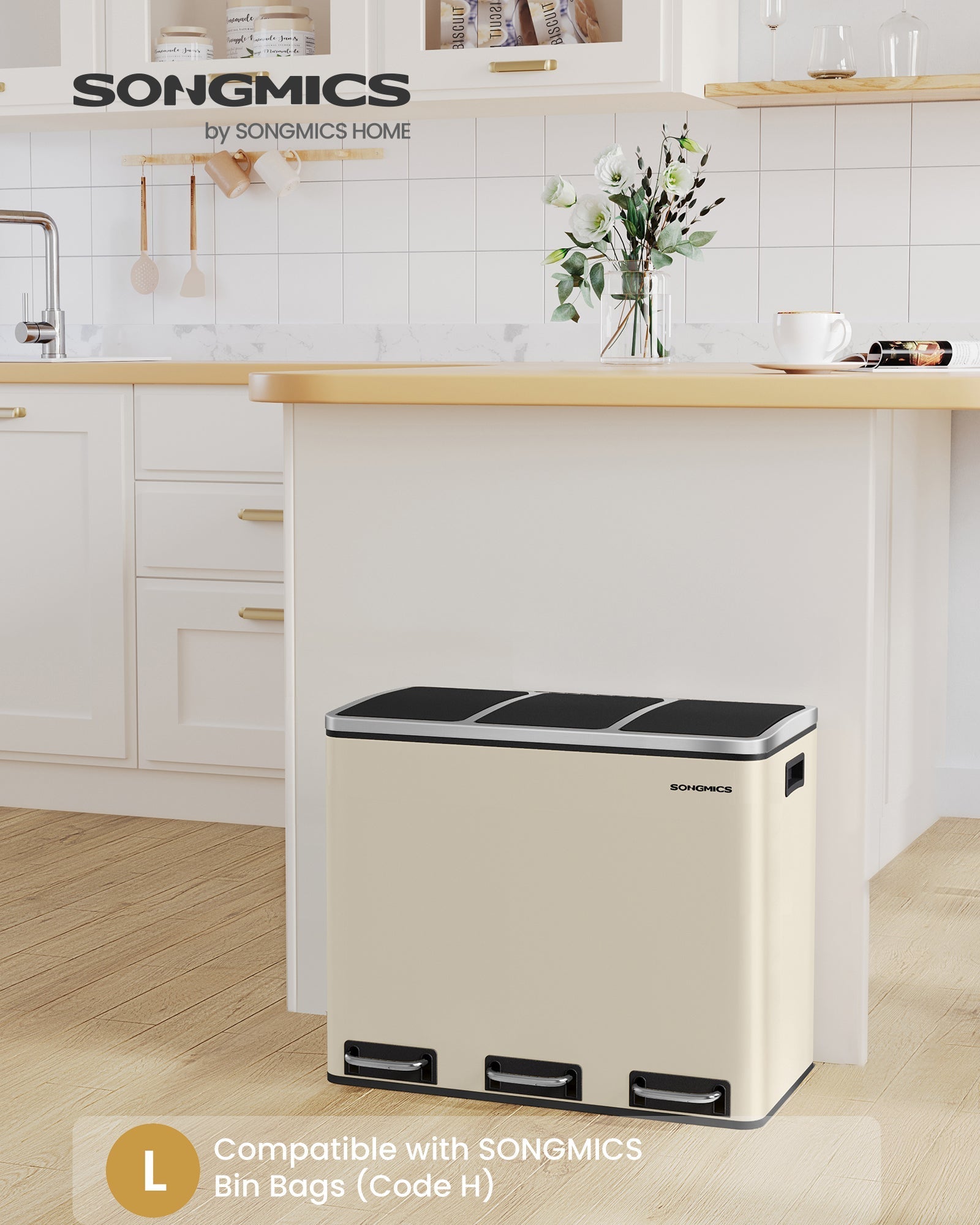 Selektivna kanta za otpad s 3 pretinca, 3 x 18 l, s pedalom, pijesak bež
