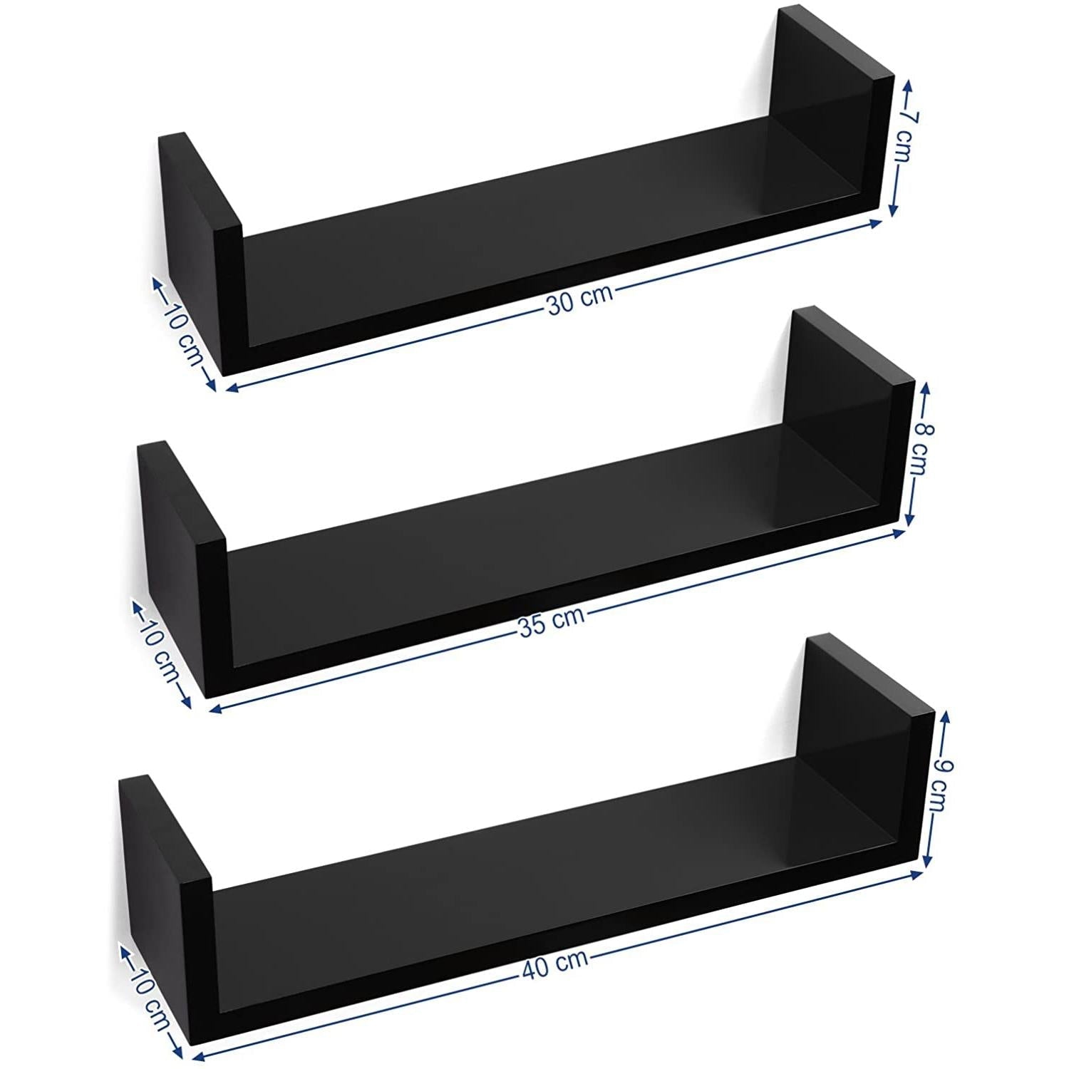 3 moderne zidne police, sjajna površina 30/35/40 cm, crna | SONGMICS-vitahome.hr