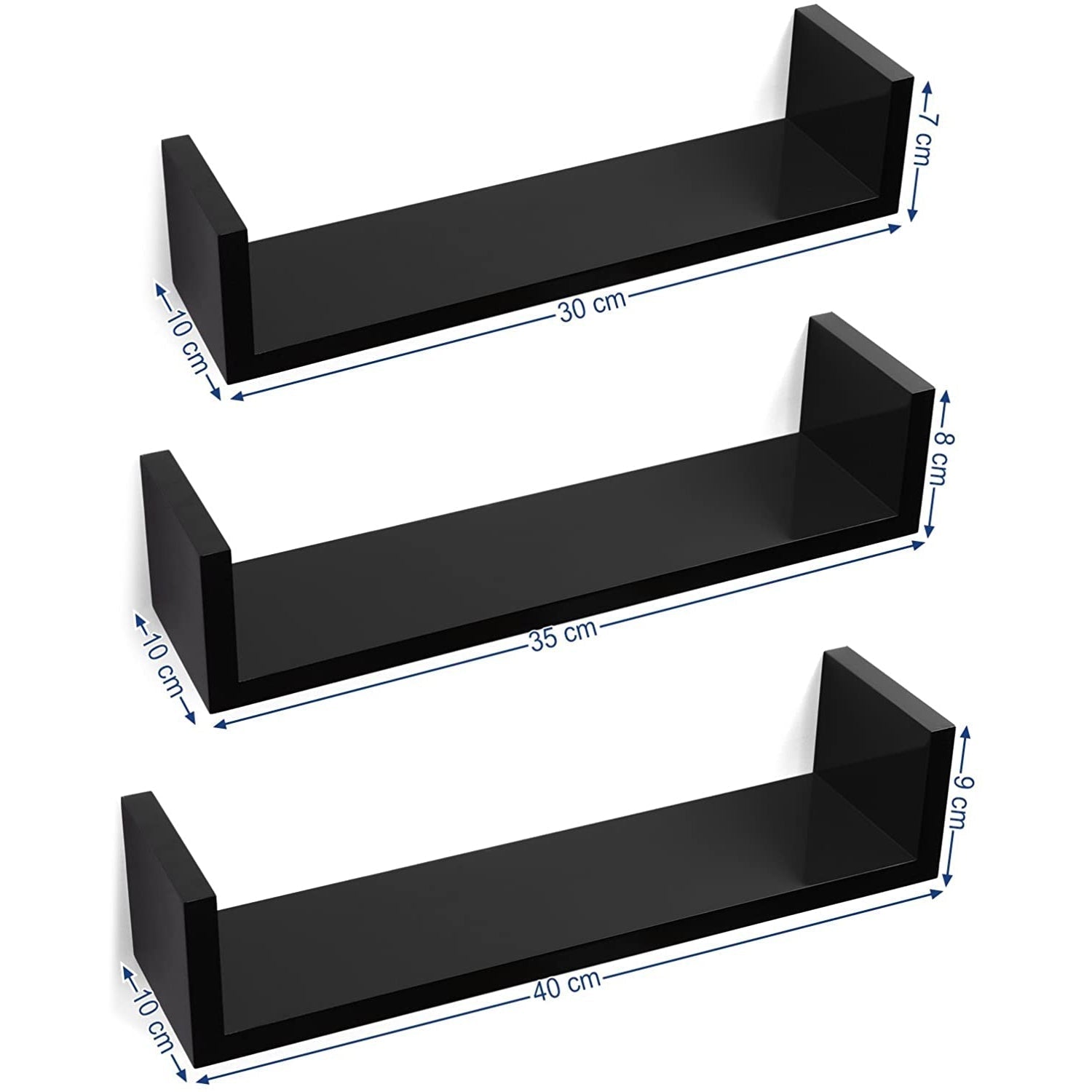 3 moderne zidne police, sjajna površina 30/35/40 cm, crna | SONGMICS-vitahome.hr