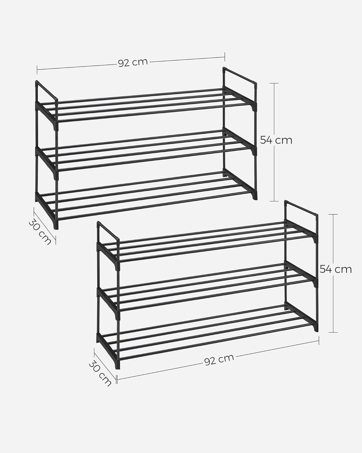 3-slojni držač za cipele, set od 2 komada, metalni organizator za cipele, za 12–15 pari cipela, crni