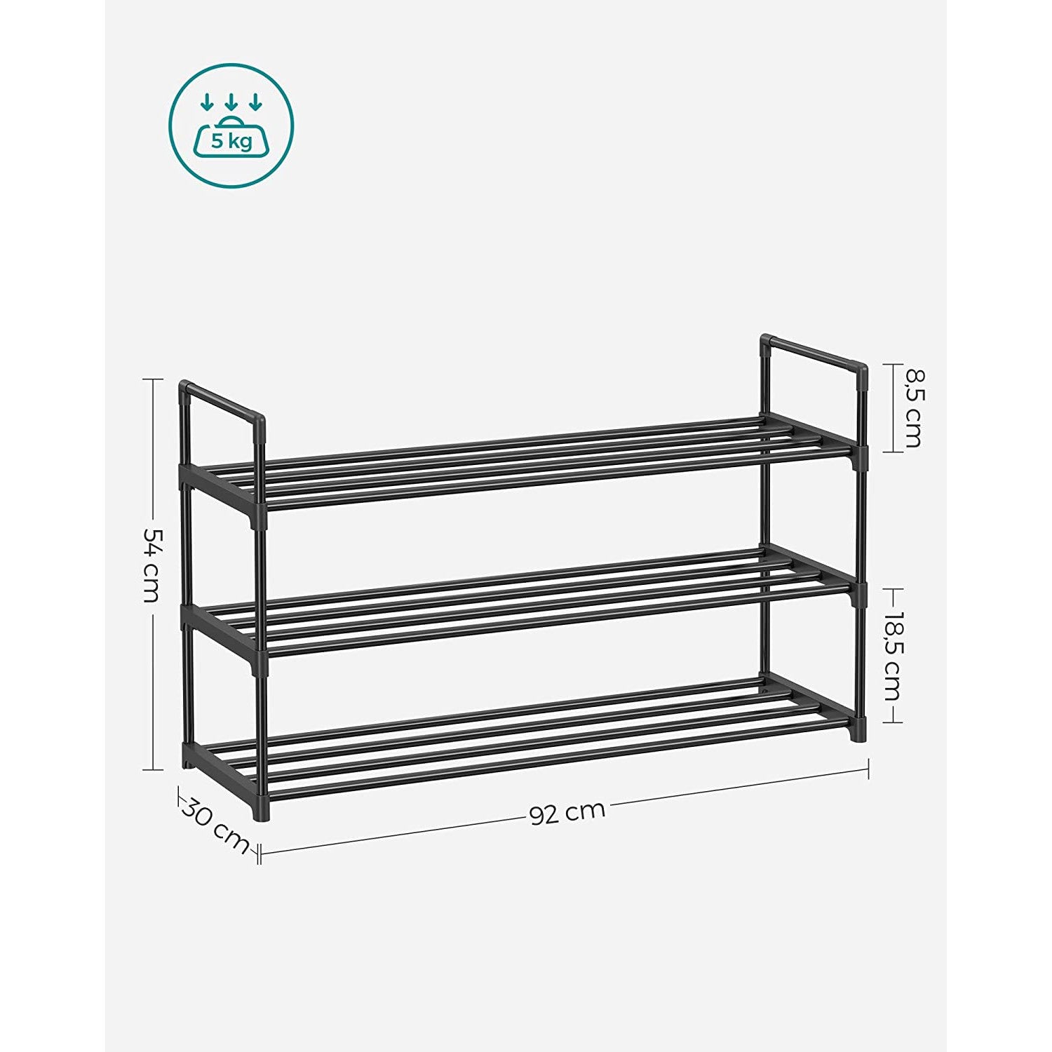 3-slojni metalni stalak za cipele, za 12-15 pari cipela, 30 x 92 x 54 cm, crni | SONGMICS-vitahome.hr