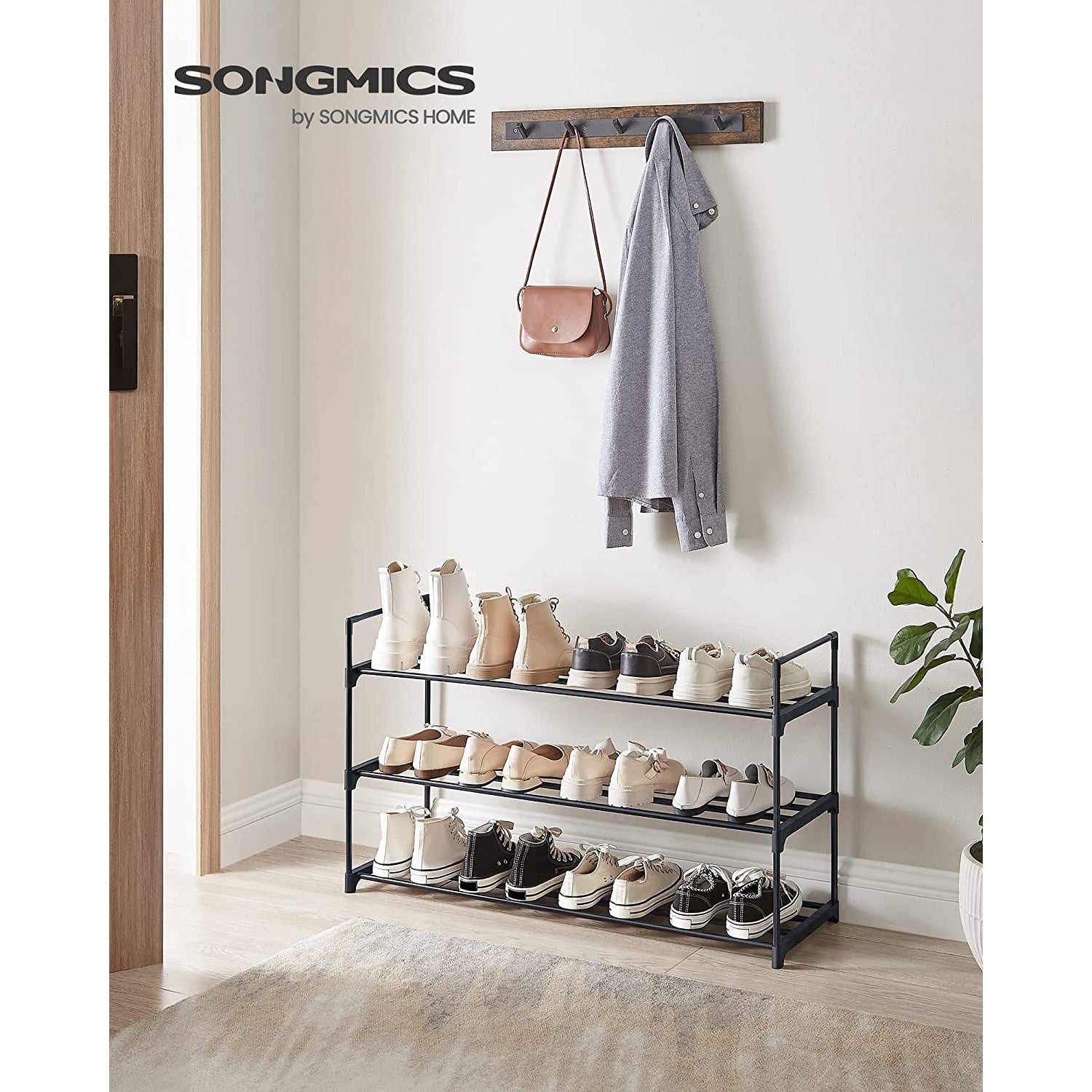 3-slojni metalni stalak za cipele, za 12-15 pari cipela, 30 x 92 x 54 cm, crni | SONGMICS-vitahome.hr