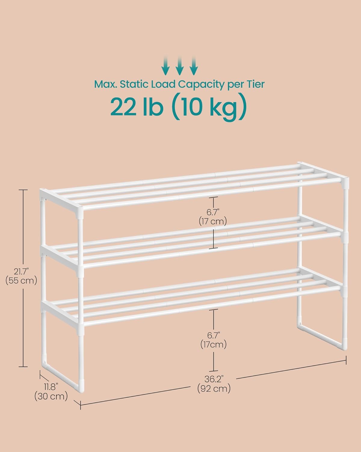 3-slojni metalni stalak za cipele, za 16–20 pari cipela, dimenzije 30 x 92 x 55 cm, bijeli