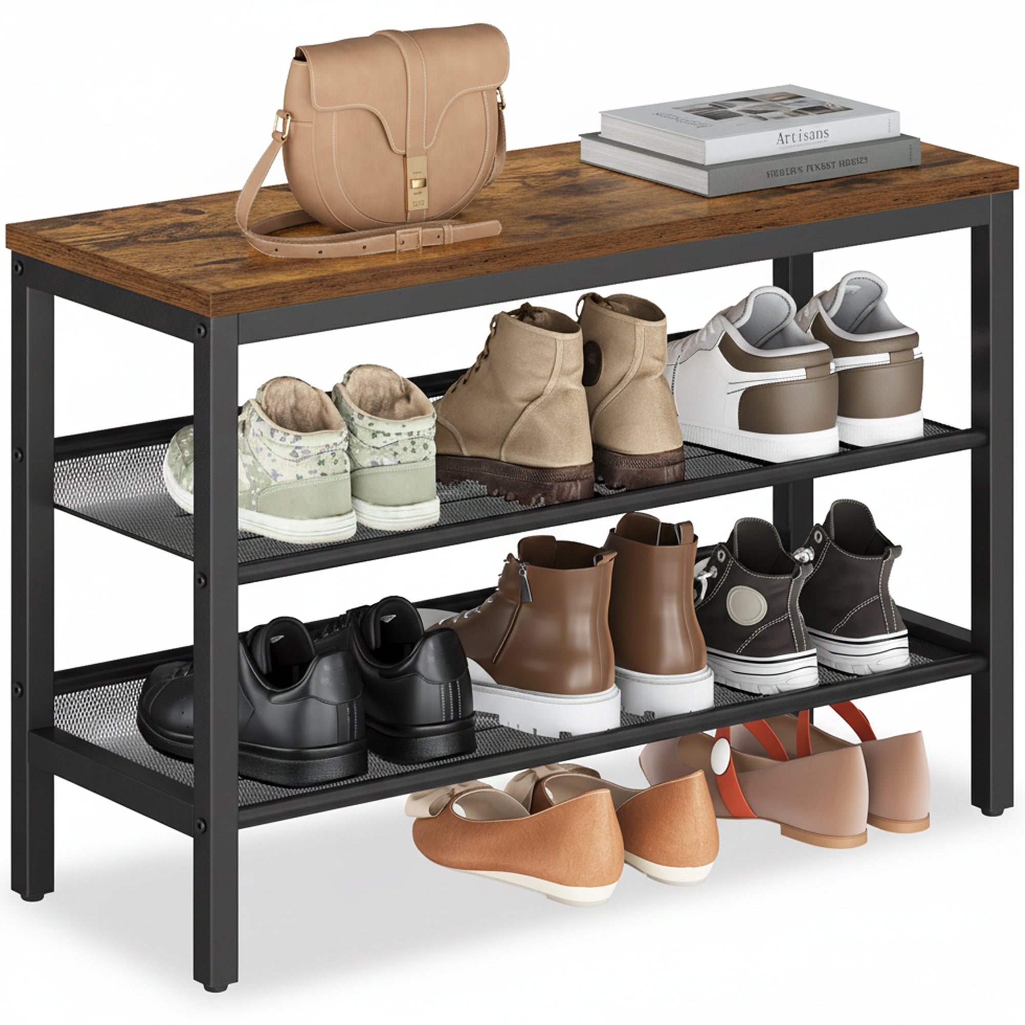 3-slojni stalak za cipele s povišenim rubom, industrijskog stila, rustikalno smeđi