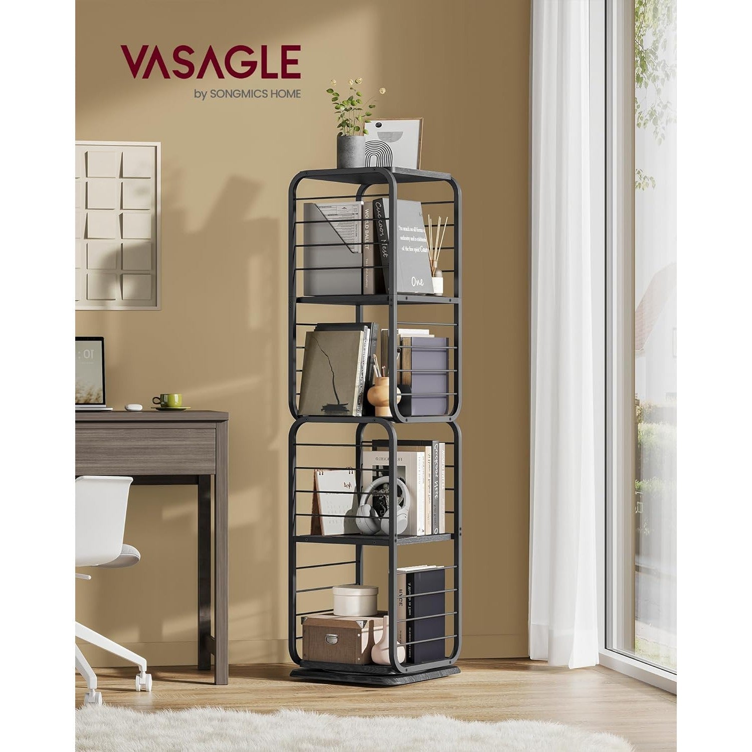 4 szintes könyvespolc, forgatható polc, acélkeret, fekete-VASAGLE-Vita Home