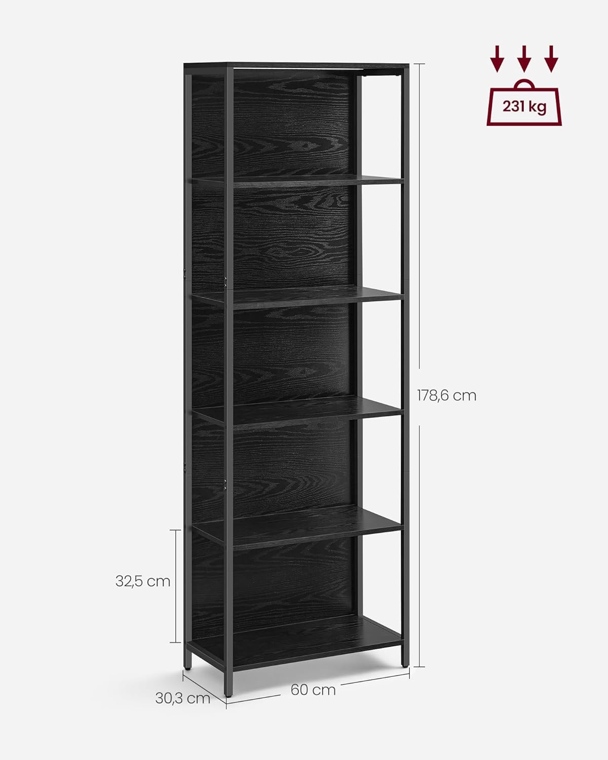 6-slojni knjižni regal, samostojeći sustav polica s podesivim LED osvjetljenjem, 30,3 x 60 x 178,6 cm