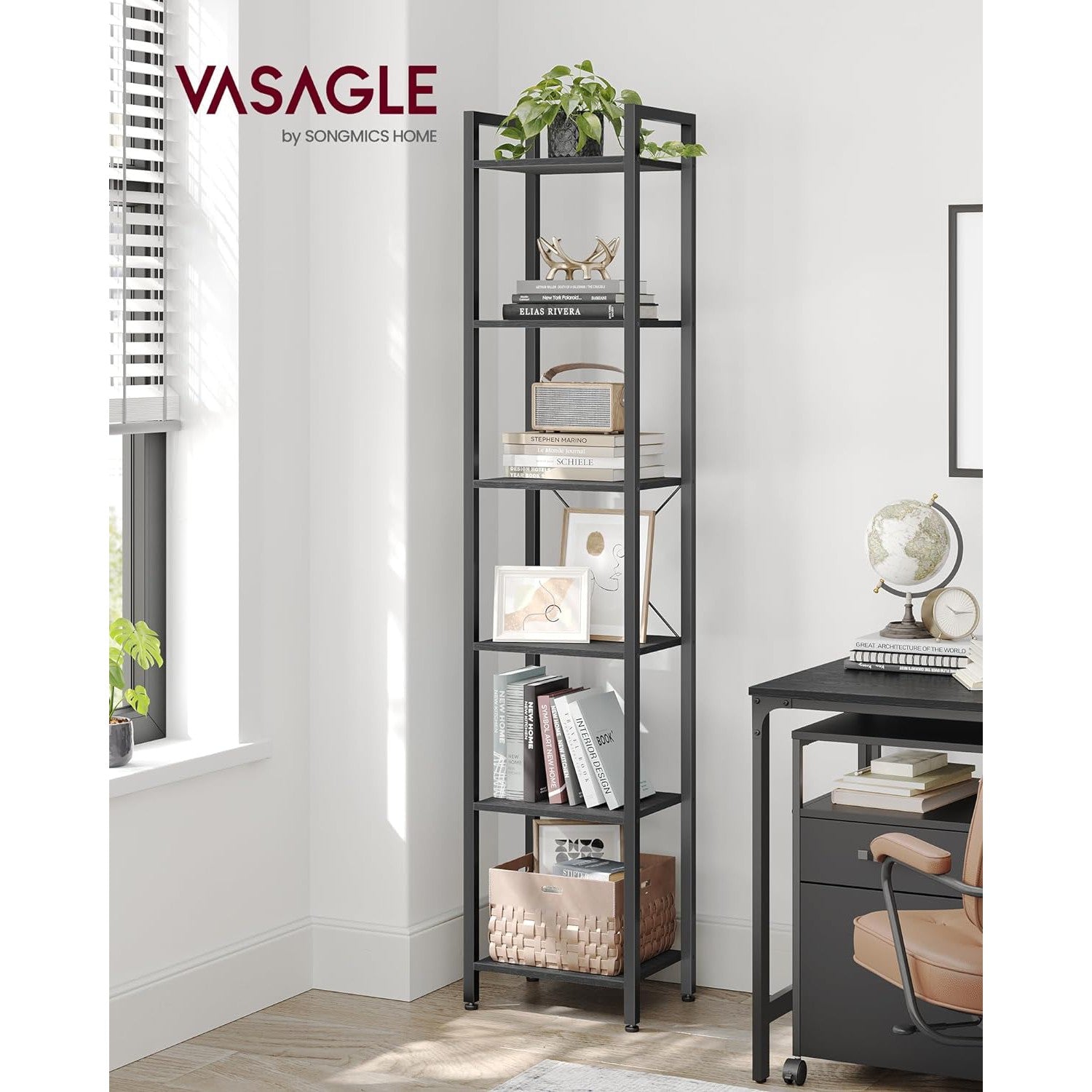 6 szintes könyvespolc, állópolc, fém kerettel, fekete-VASAGLE-Vita Home