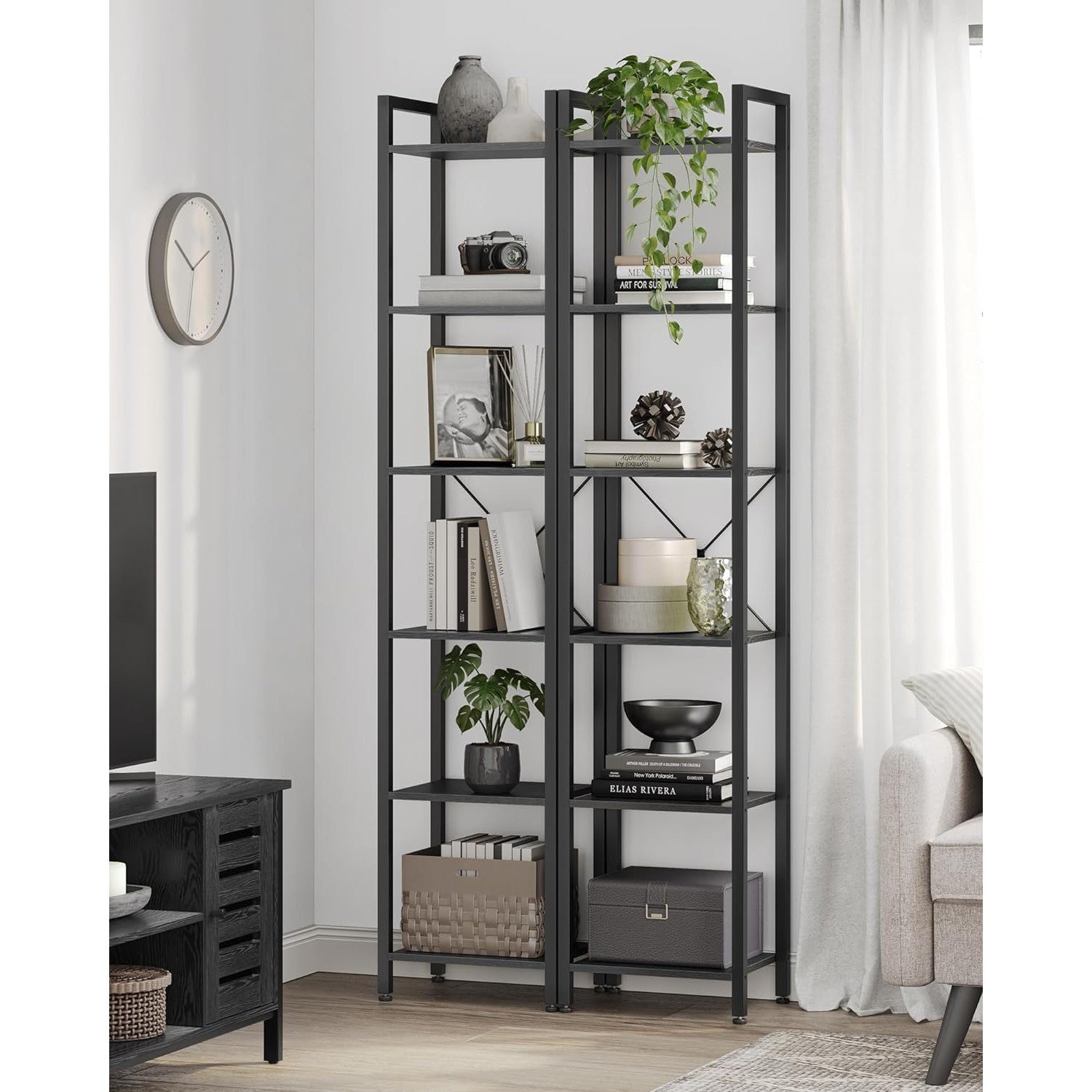 6 szintes könyvespolc, állópolc, fém kerettel, fekete-VASAGLE-Vita Home