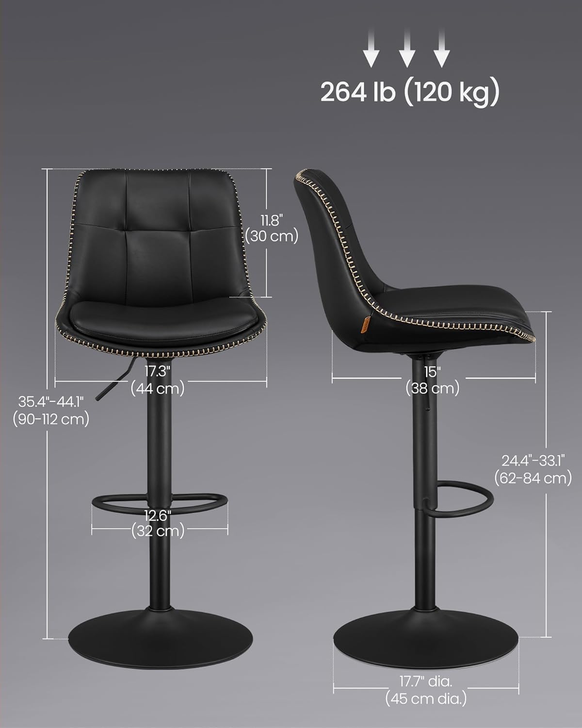 Set od 2 barske stolice, podesive visine, 44 x 48 x (90–112) cm, crne boje | VASAGLE | VASAGLE-vitahome.hr