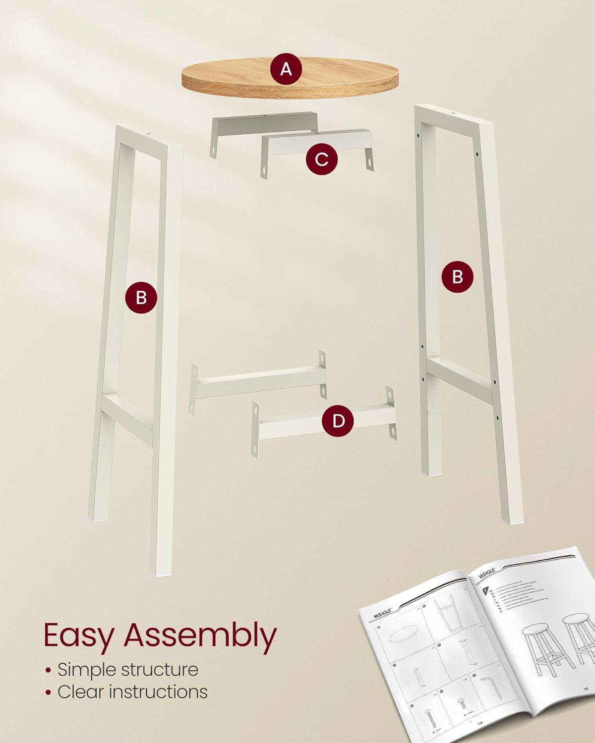 Set od 2 barske stolice, ‎32 x 32 x 65 cm, nosivosti do 100kg, bež i bijele boje | VASAGLE | VASAGLE-vitahome.hr