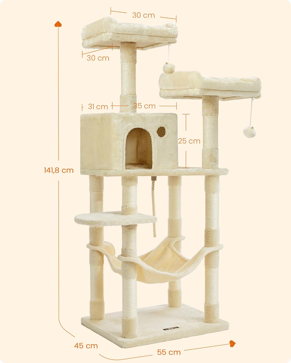 Drvo za mačke, mačji toranj, 143 cm, bež | FEANDREA