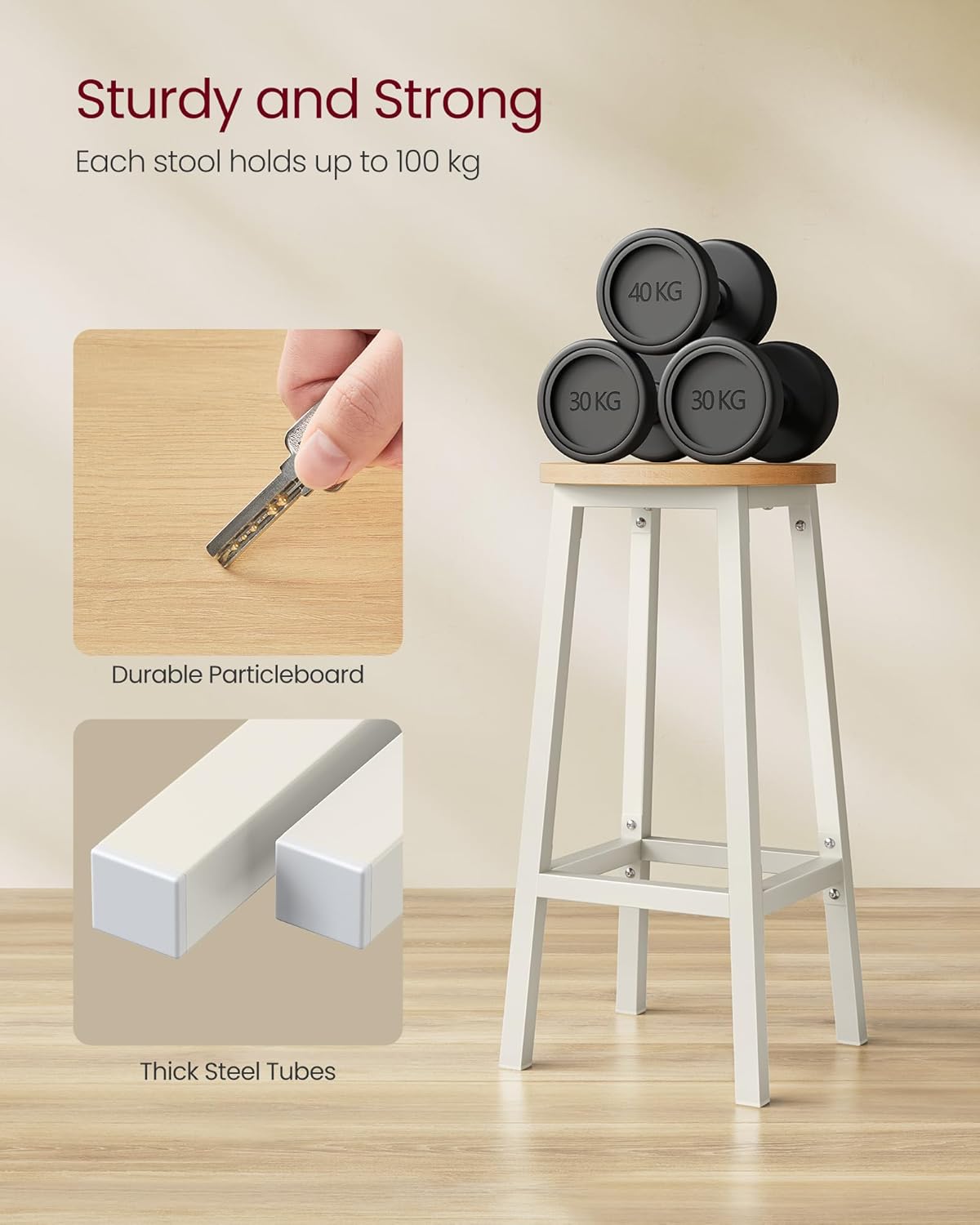 Set od 2 barske stolice, ‎32 x 32 x 65 cm, nosivosti do 100kg, bež i bijele boje | VASAGLE | VASAGLE-vitahome.hr