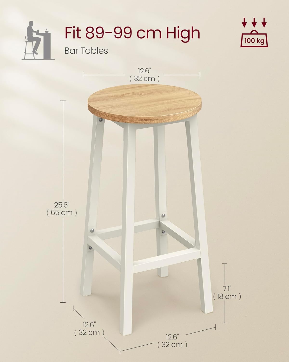 Set od 2 barske stolice, ‎32 x 32 x 65 cm, nosivosti do 100kg, bež i bijele boje | VASAGLE | VASAGLE-vitahome.hr