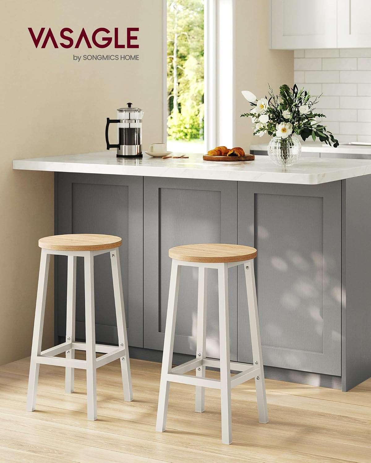 Set od 2 barske stolice, ‎32 x 32 x 65 cm, nosivosti do 100kg, bež i bijele boje | VASAGLE | VASAGLE-vitahome.hr