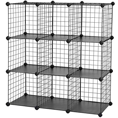 9-kocka drótrácsos tárolóállvány, polcos elem fémhálós polcokkal, fekete-SONGMICS-Vita Home