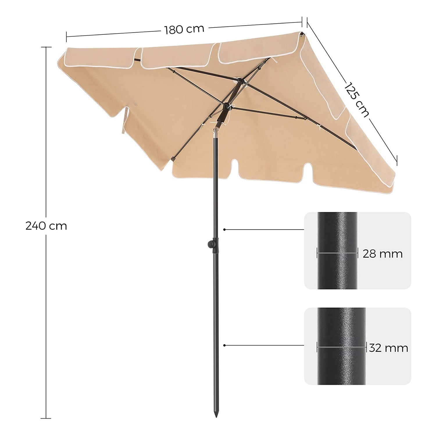 Pravokutni vrtni suncobran,  180 x 125 cm, taupe boje
