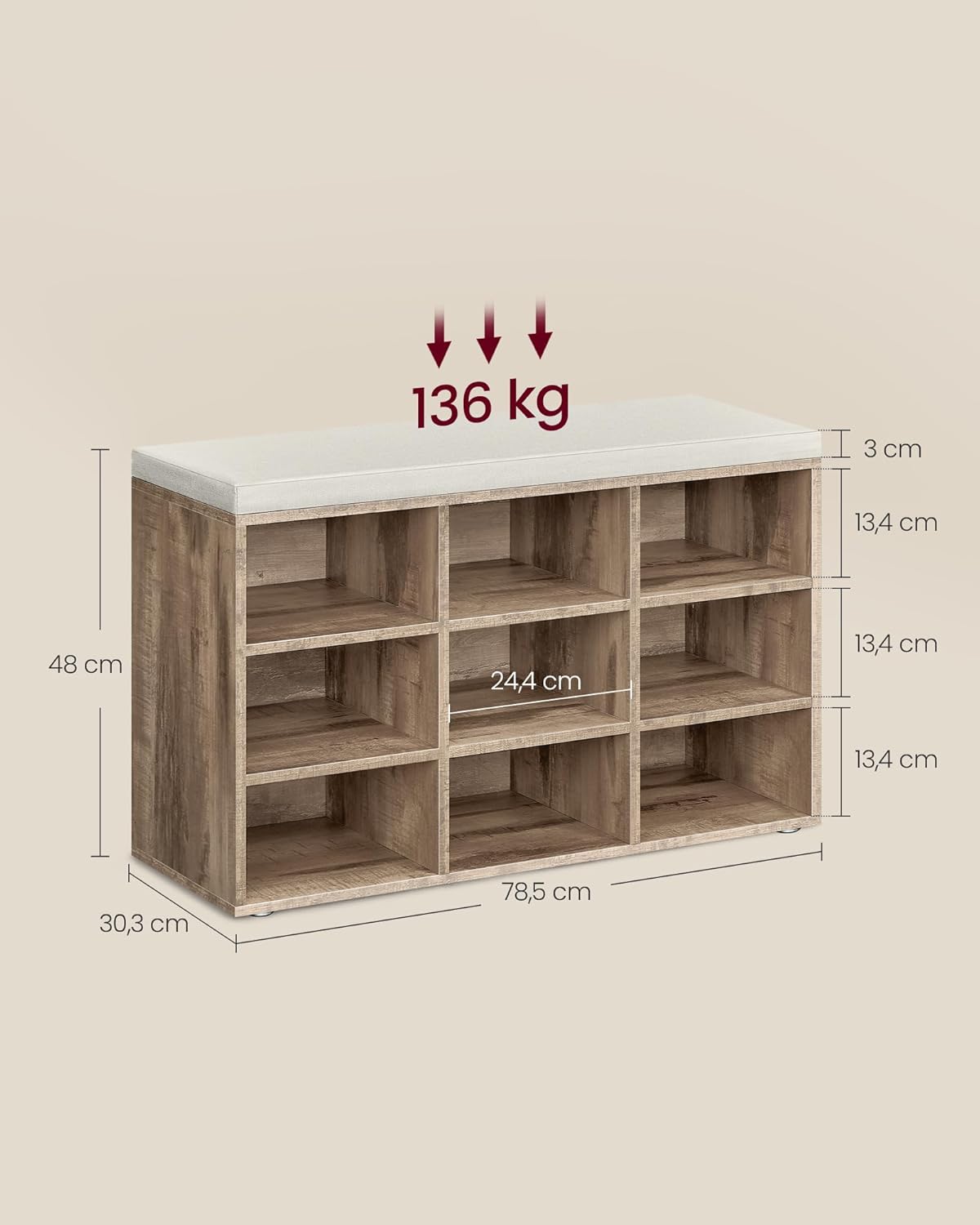 Klupa za cipele s 9 pretinaca, 30,3 x 78,5 x 48 cm, smeđa