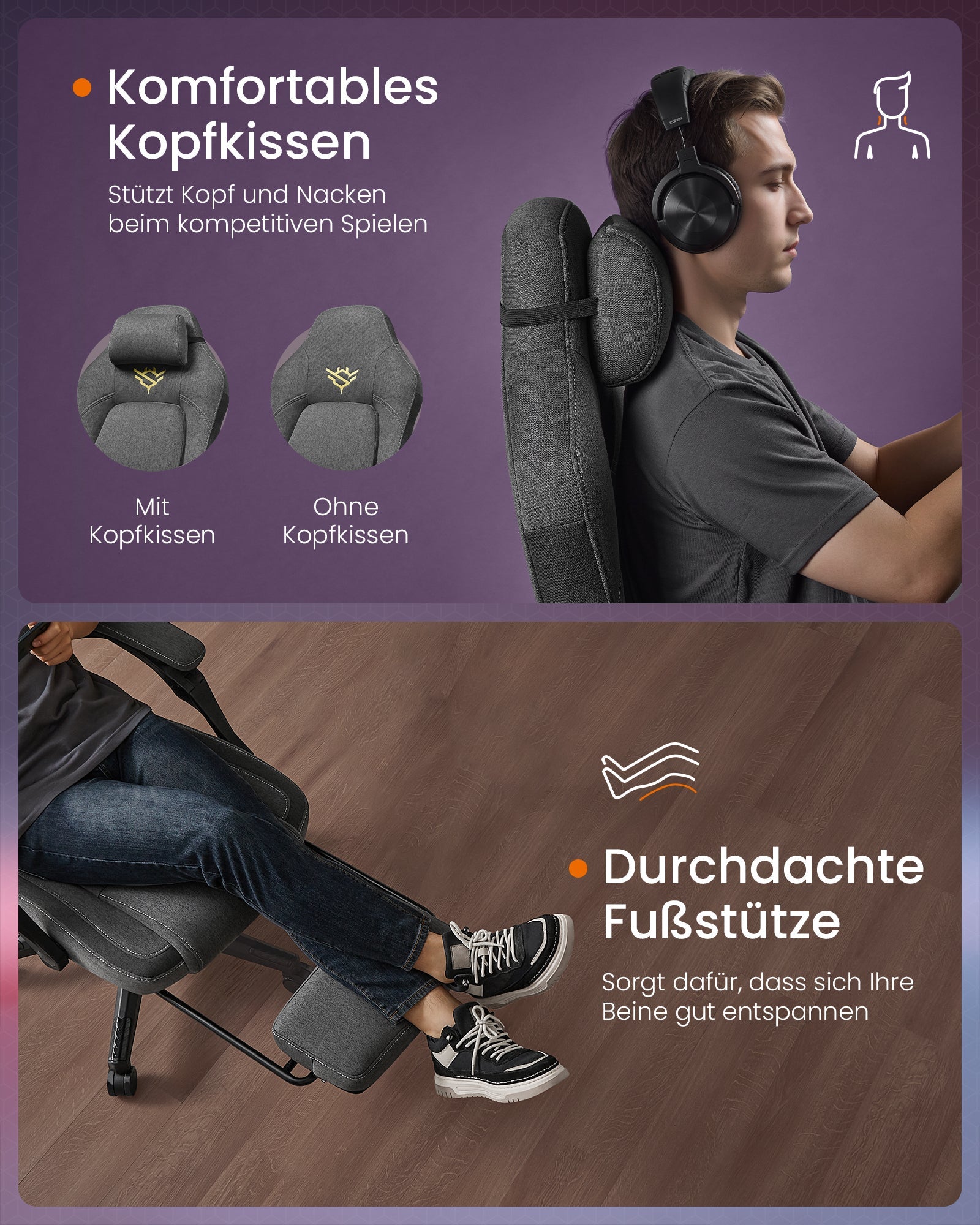 Ergonomska gaming stolica s osloncem za noge, 70 x 70 x (119–129) cm, siva | SONGMICS