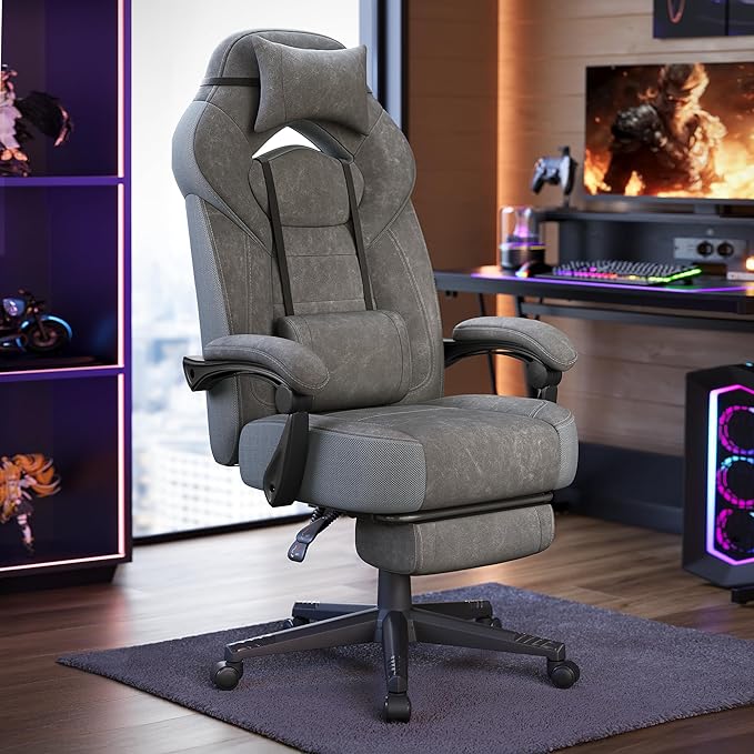 Ergonomska gaming stolica s osloncem za noge, 70 x 70 x 121–133 cm, siva | SONGMICS
