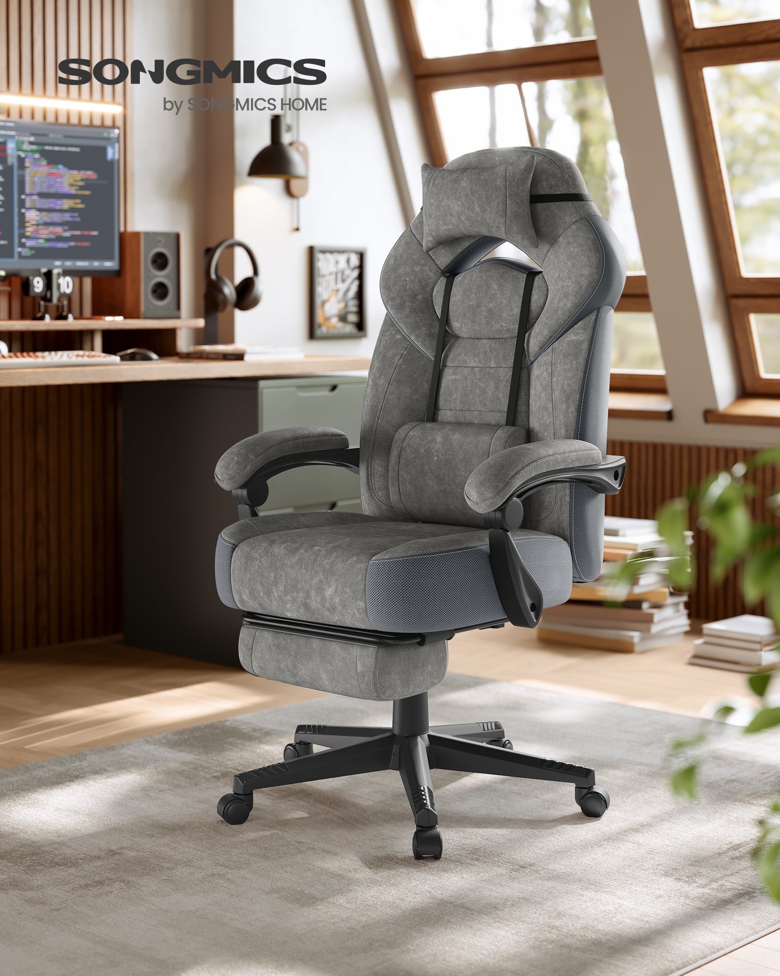 Ergonomska gaming stolica s osloncem za noge, 70 x 70 x 121–133 cm, siva | SONGMICS
