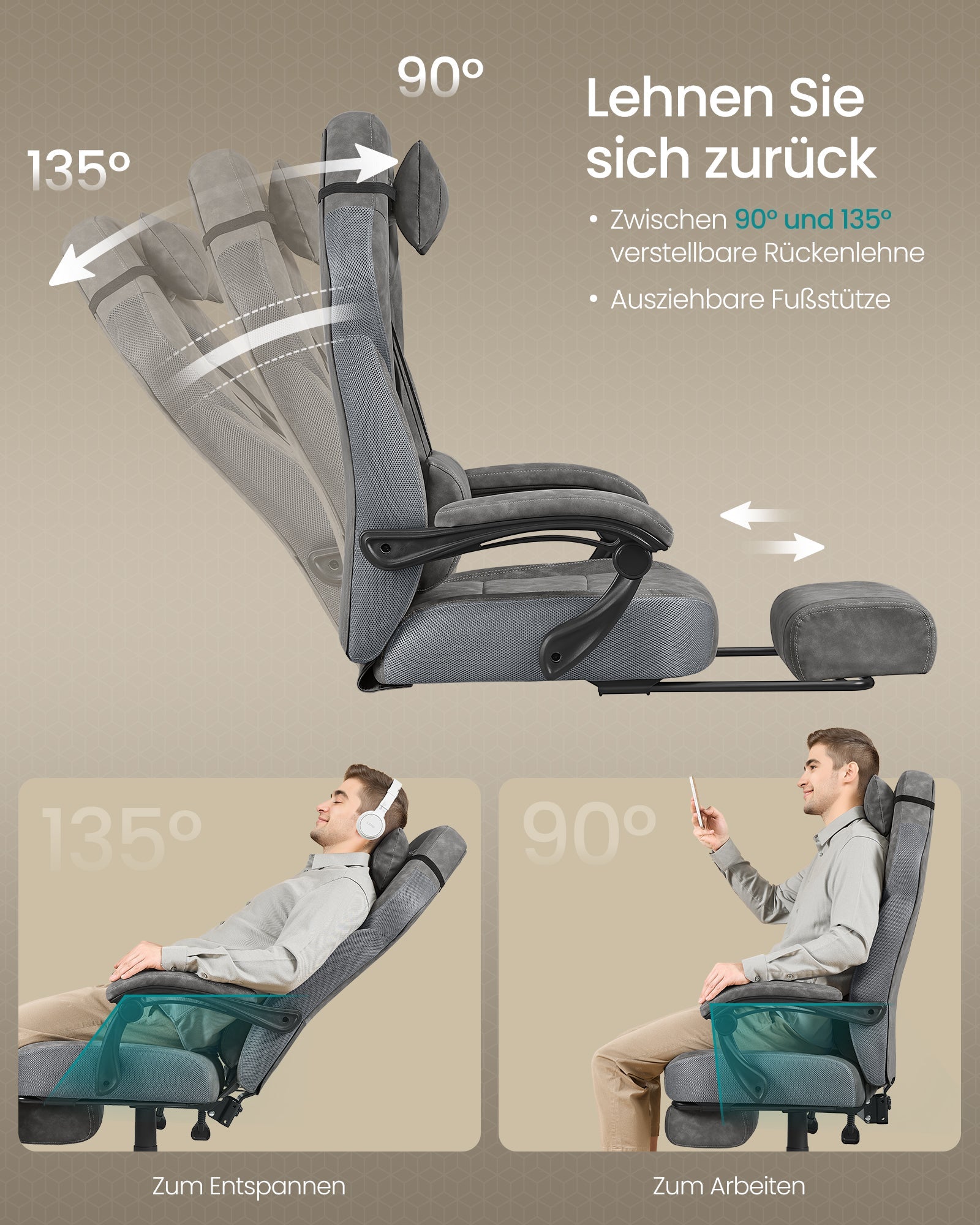 Ergonomska gaming stolica s osloncem za noge, 70 x 70 x 121–133 cm, siva | SONGMICS