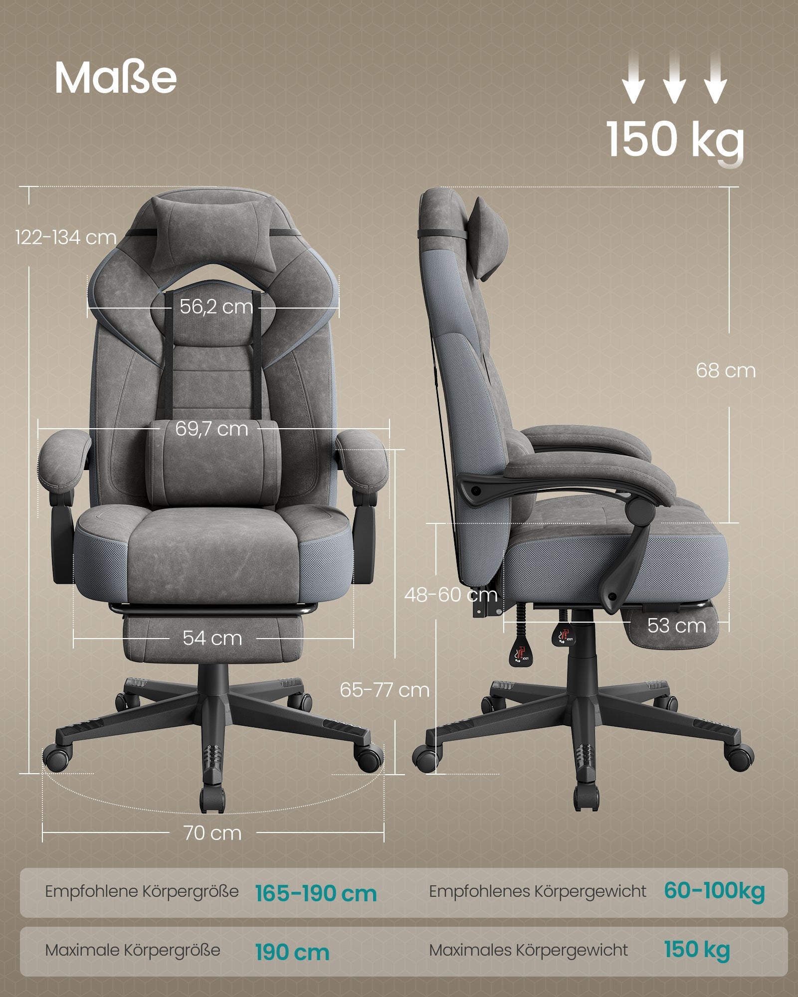 Ergonomska gaming stolica s osloncem za noge, 70 x 70 x 121–133 cm, siva | SONGMICS