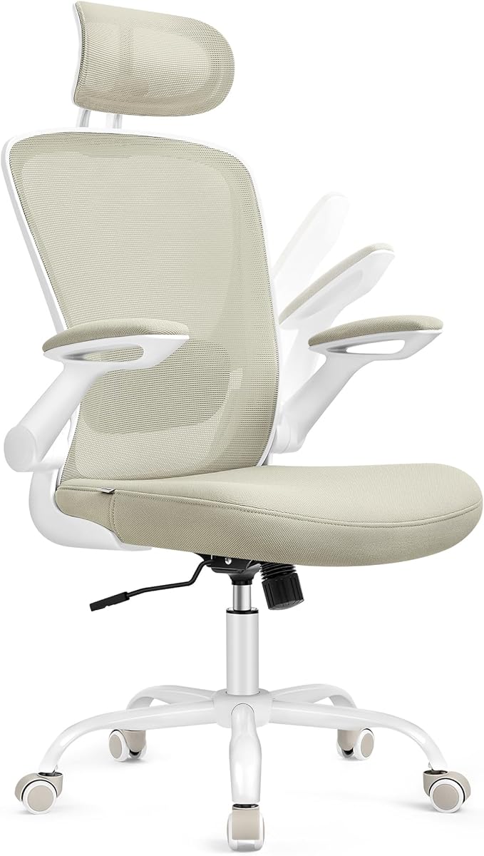 Ergonomska uredska stolica s mrežastim naslonom, 64 x 64 x 115–130 cm, bež | SONGMICS