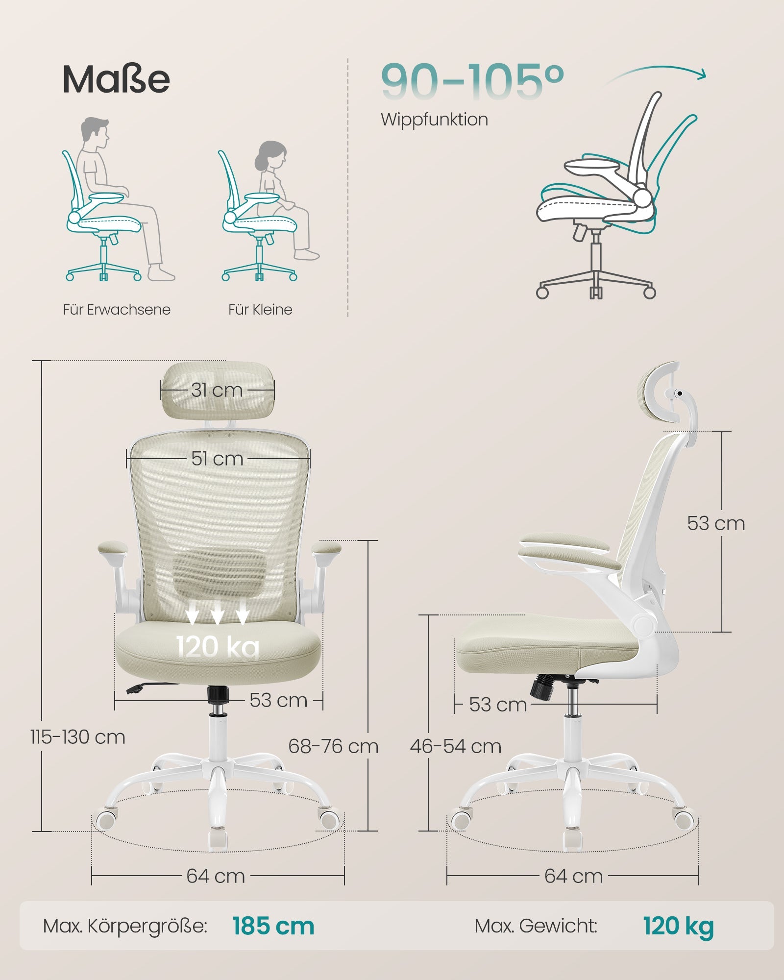 Ergonomska uredska stolica s mrežastim naslonom, 64 x 64 x 115–130 cm, bež | SONGMICS