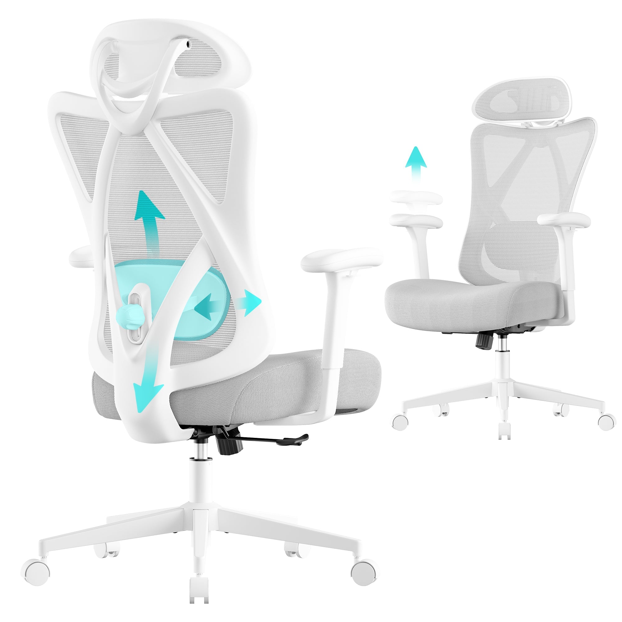 Ergonomska uredska stolica s mrežastim naslonom, 70 × 70 × (115–125) cm, bijelo-siva