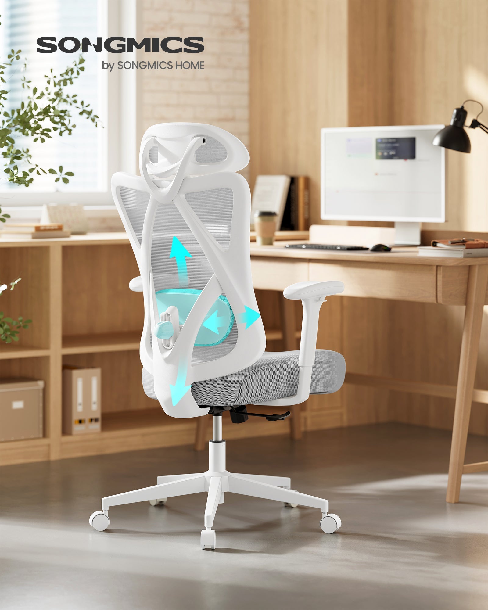 Ergonomska uredska stolica s mrežastim naslonom, 70 × 70 × (115–125) cm, bijelo-siva