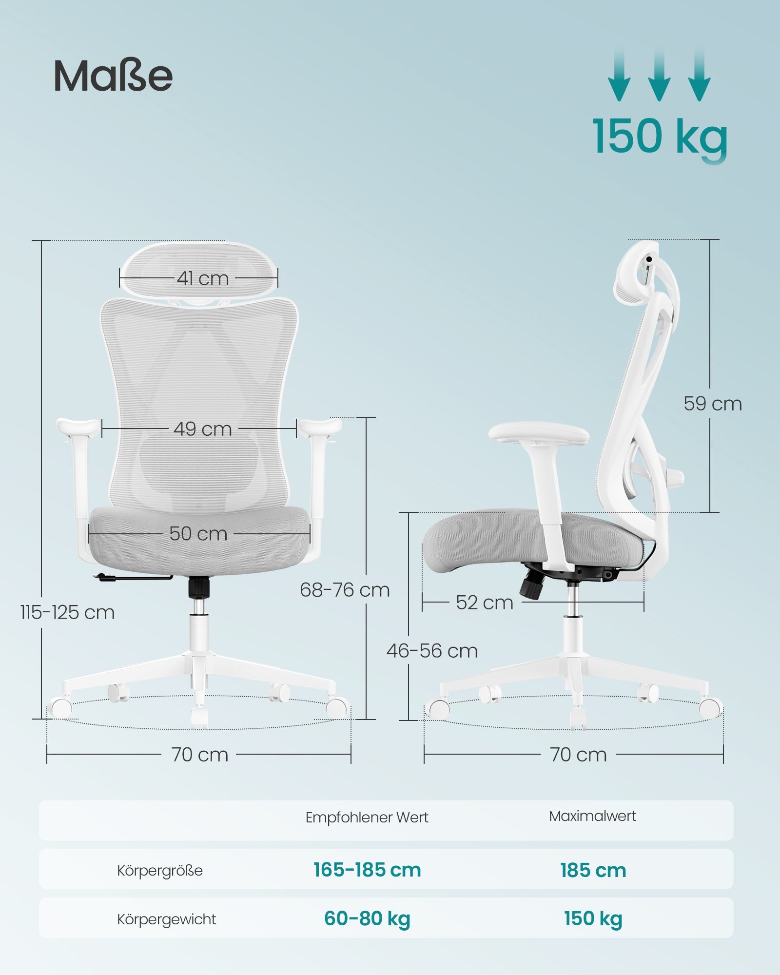 Ergonomska uredska stolica s mrežastim naslonom, 70 × 70 × (115–125) cm, bijelo-siva