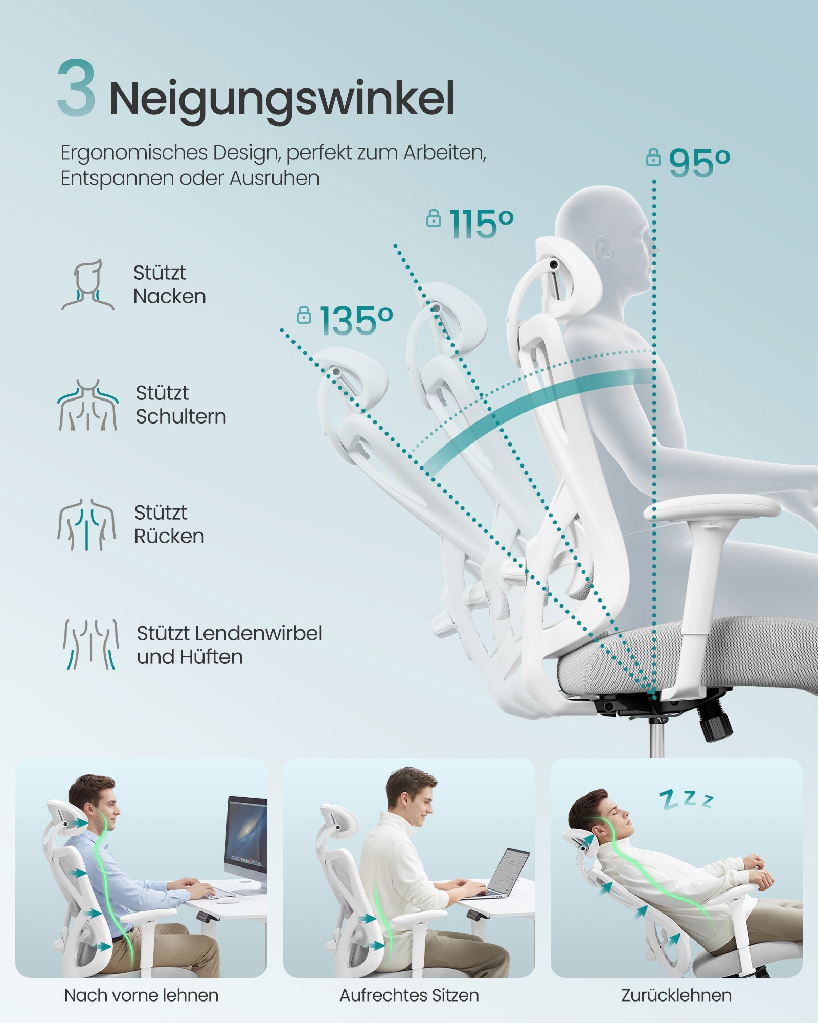 Ergonomska uredska stolica s mrežastim naslonom, 70 × 70 × (115–125) cm, bijelo-siva