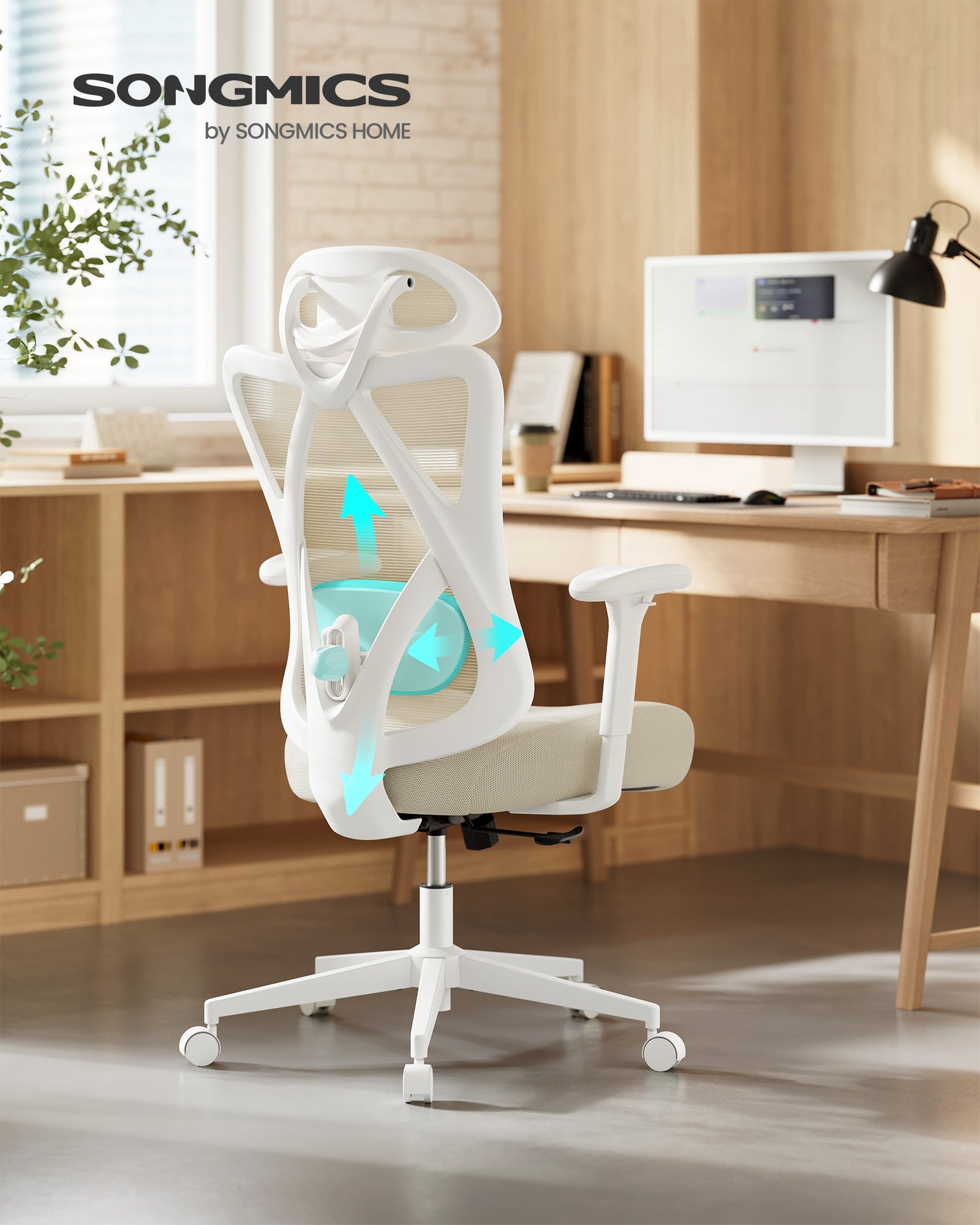 Ergonomska uredska stolica s mrežastim naslonom, 70 × 70 × (115–125) cm, bijelo-bež