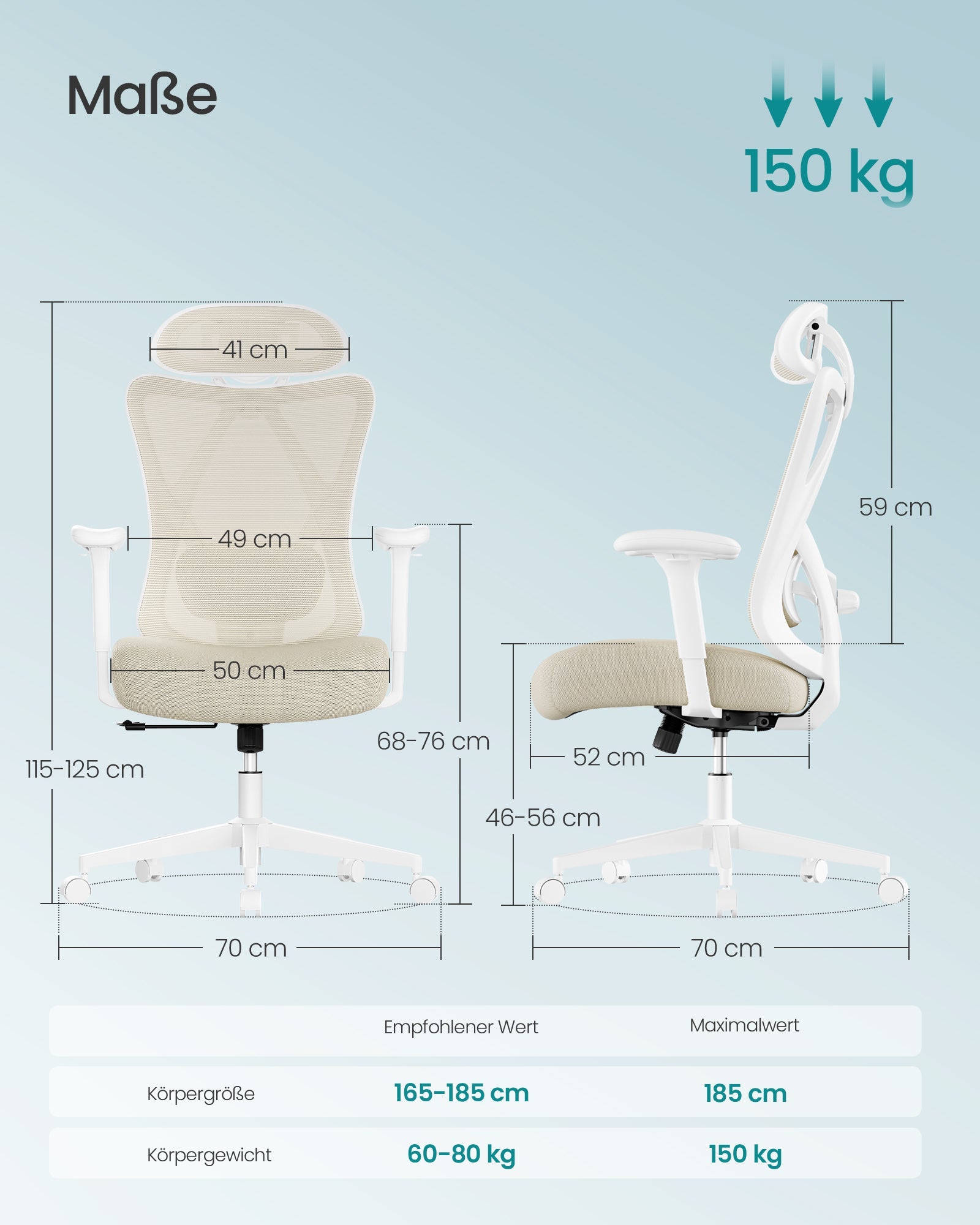 Ergonomska uredska stolica s mrežastim naslonom, 70 × 70 × (115–125) cm, bijelo-bež