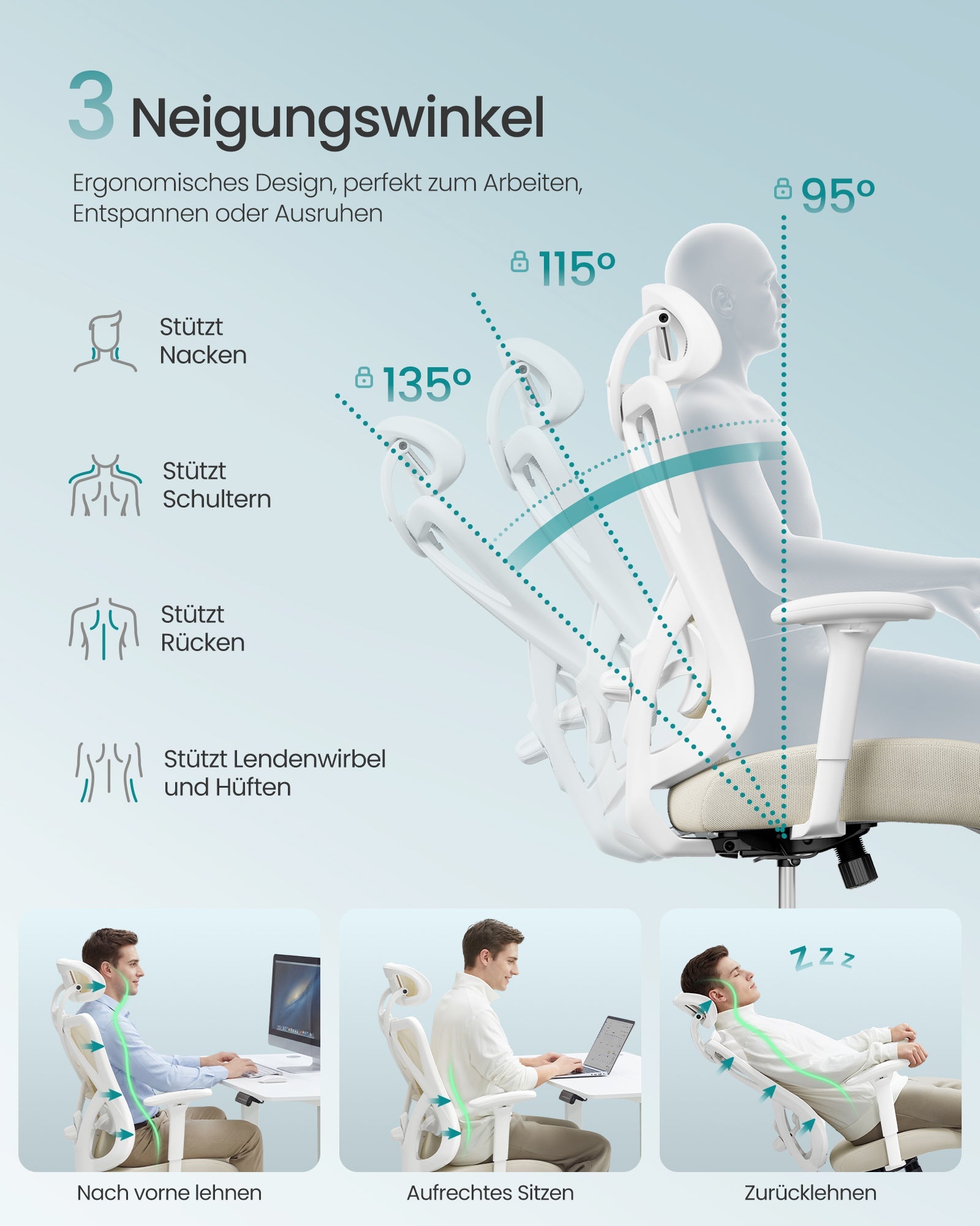 Ergonomska uredska stolica s mrežastim naslonom, 70 × 70 × (115–125) cm, bijelo-bež