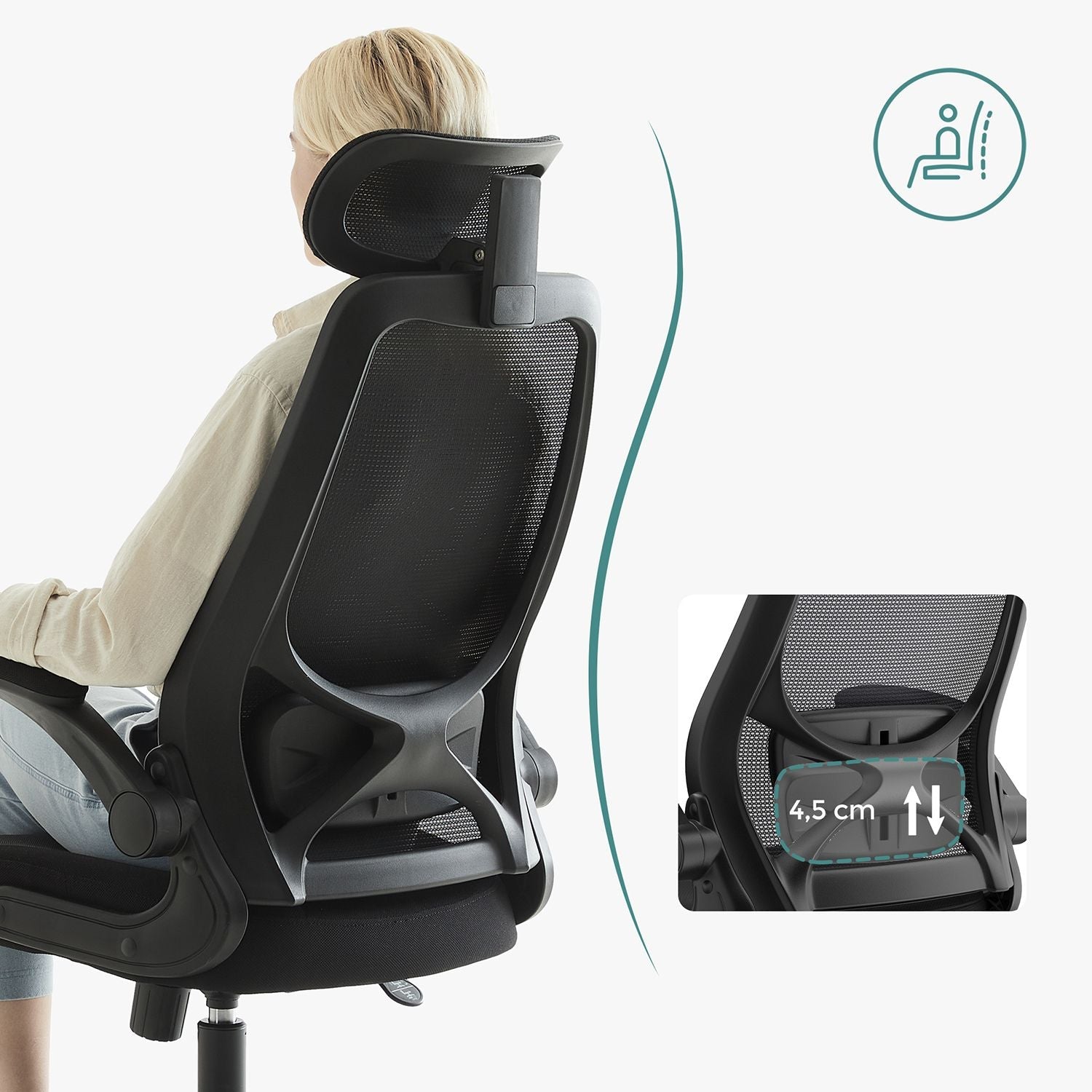 Ergonomska uredska stolica s mrežastim naslonom, 64 x 62 x [117-127] cm, crna