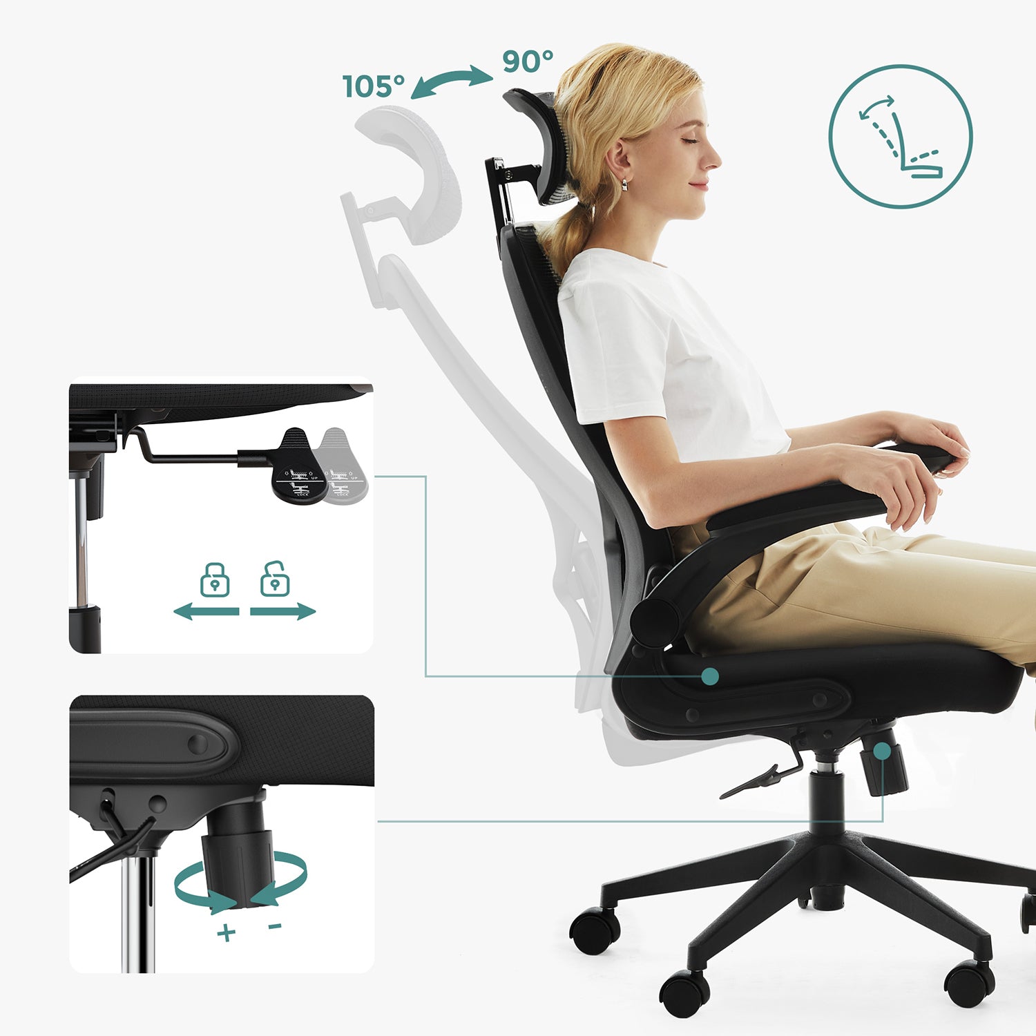Ergonomska uredska stolica s mrežastim naslonom, 64 x 62 x [117-127] cm, crna