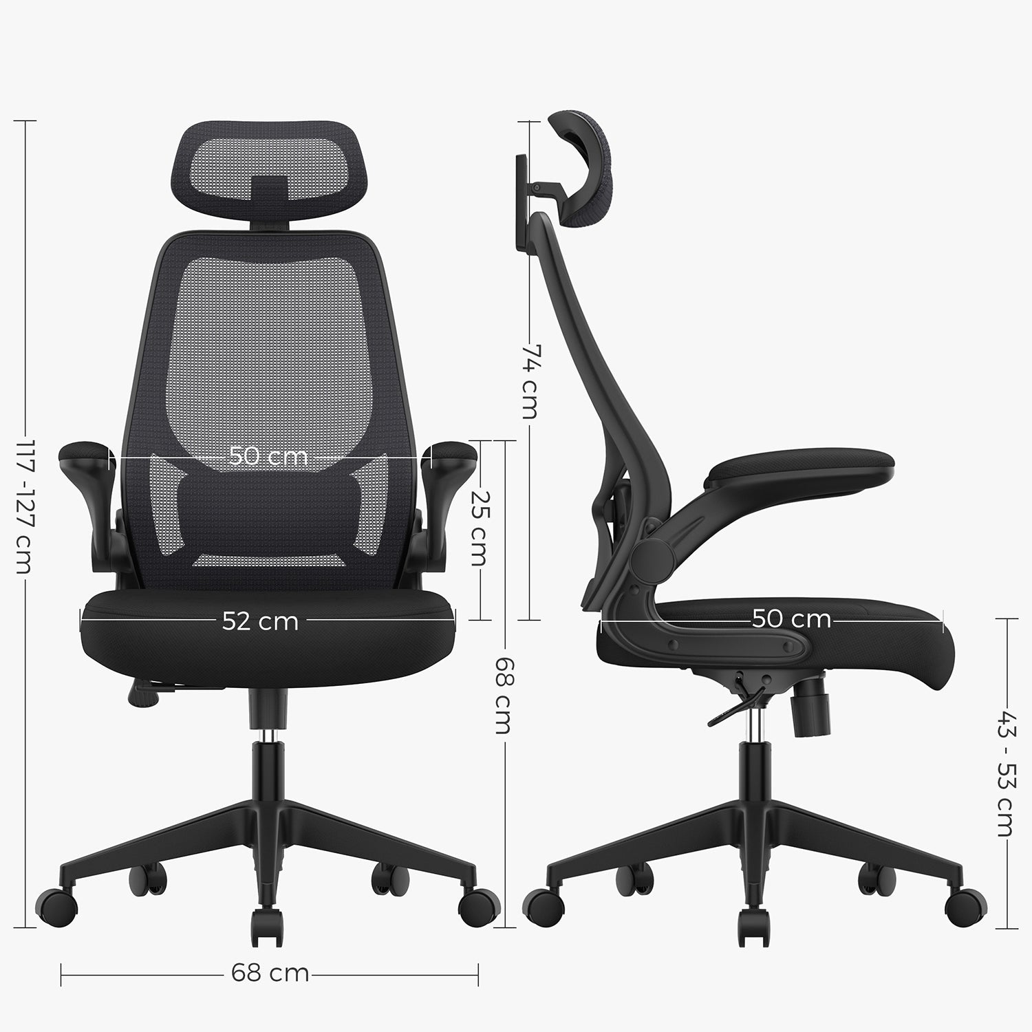 Ergonomska uredska stolica s mrežastim naslonom, 64 x 62 x [117-127] cm, crna