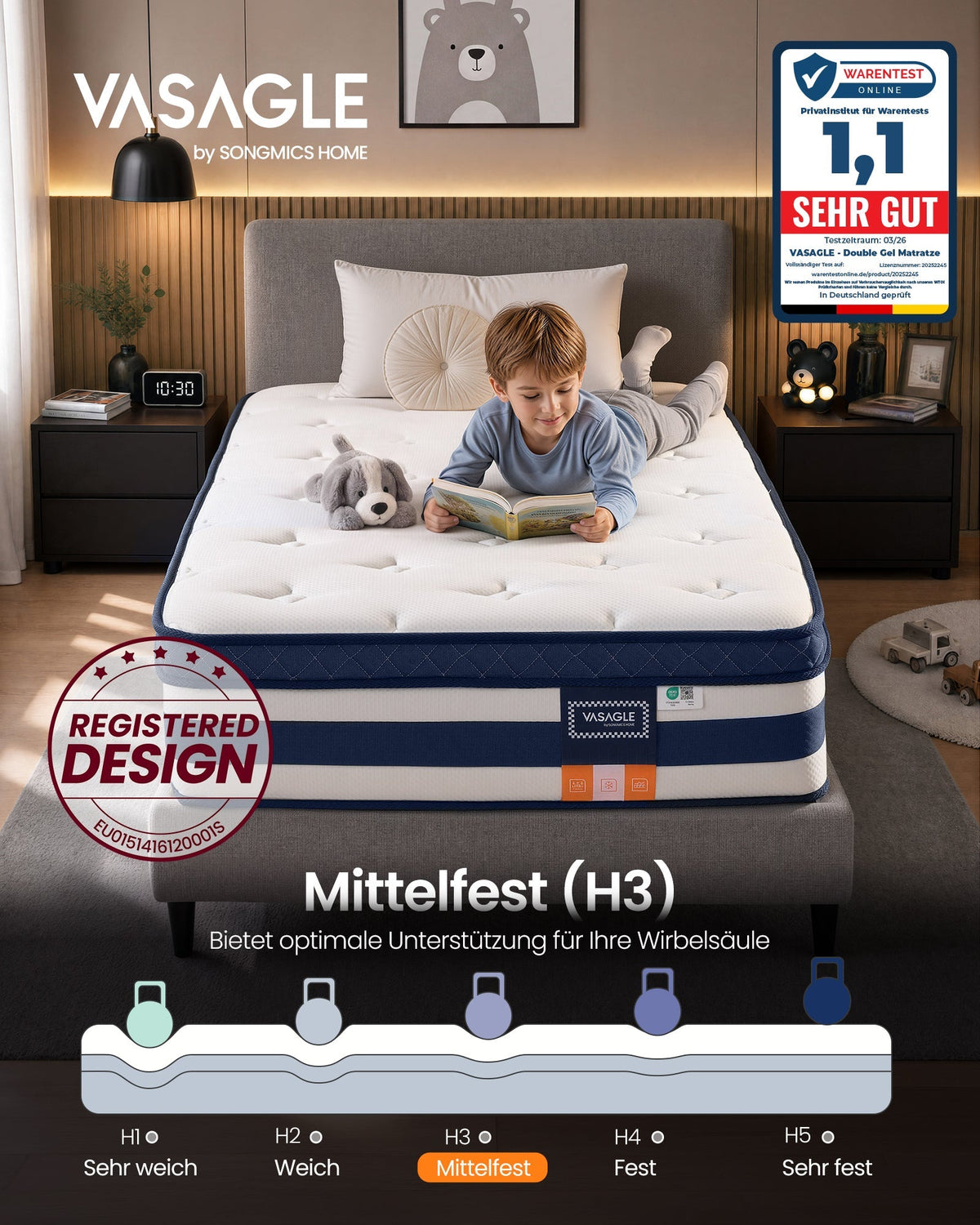 VASAGLE hibridni madrac sa 7 zona, gel memorijskom pjenom, 90 x 200 x 25 cm, H3