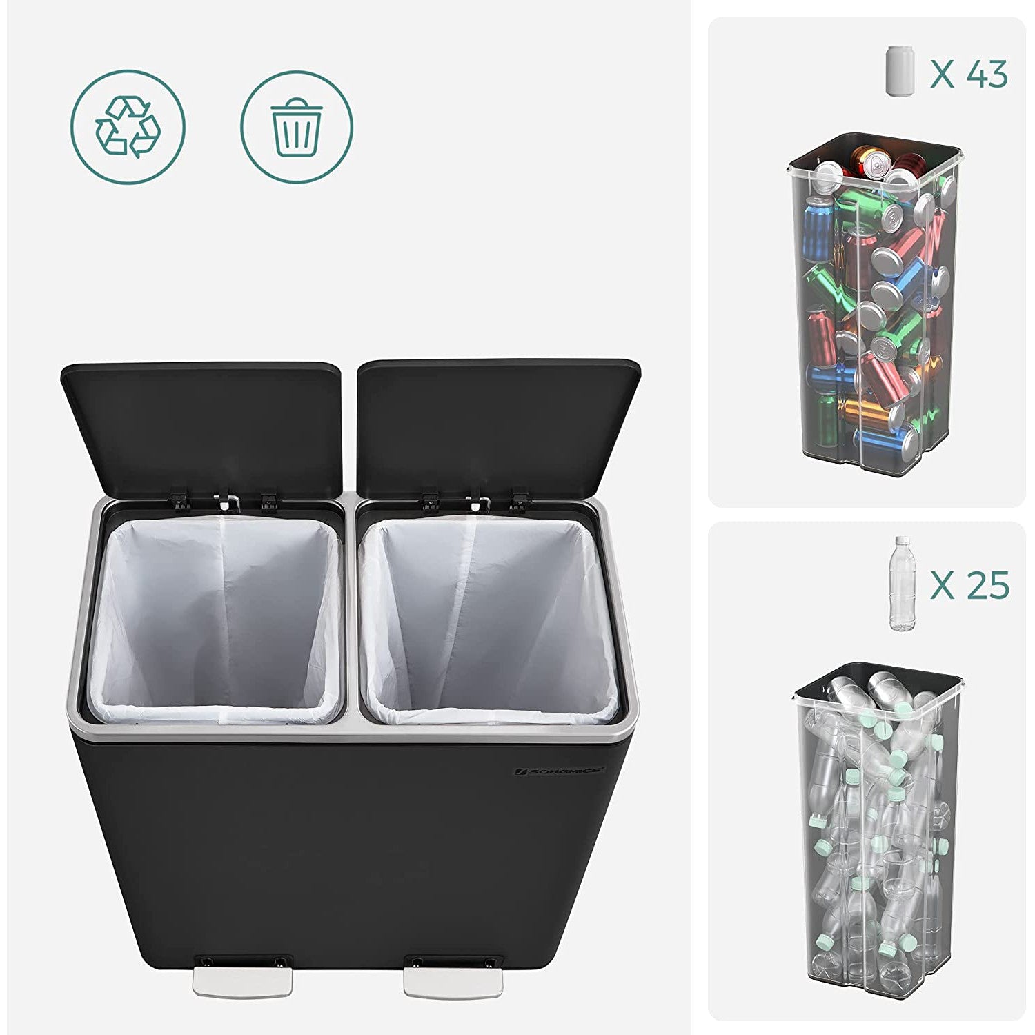 Airless metalna pedala dupla kanta za smeće, 2 x 30L, sa 15 vreća za smeće, crna | SONGMICS-vitahome.hr