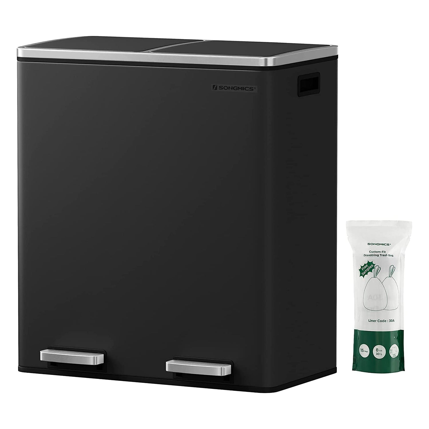 Airless metalna pedala dupla kanta za smeće, 2 x 30L, sa 15 vreća za smeće, crna | SONGMICS-vitahome.hr