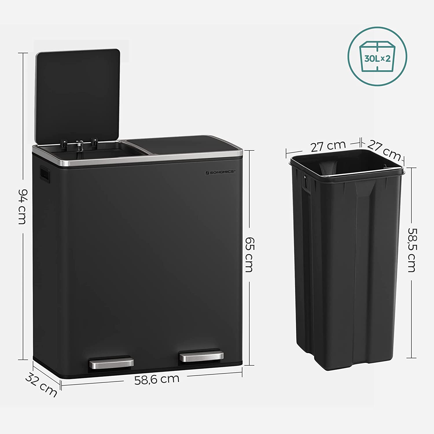 Airless metalna pedala dupla kanta za smeće, 2 x 30L, sa 15 vreća za smeće, crna | SONGMICS-vitahome.hr