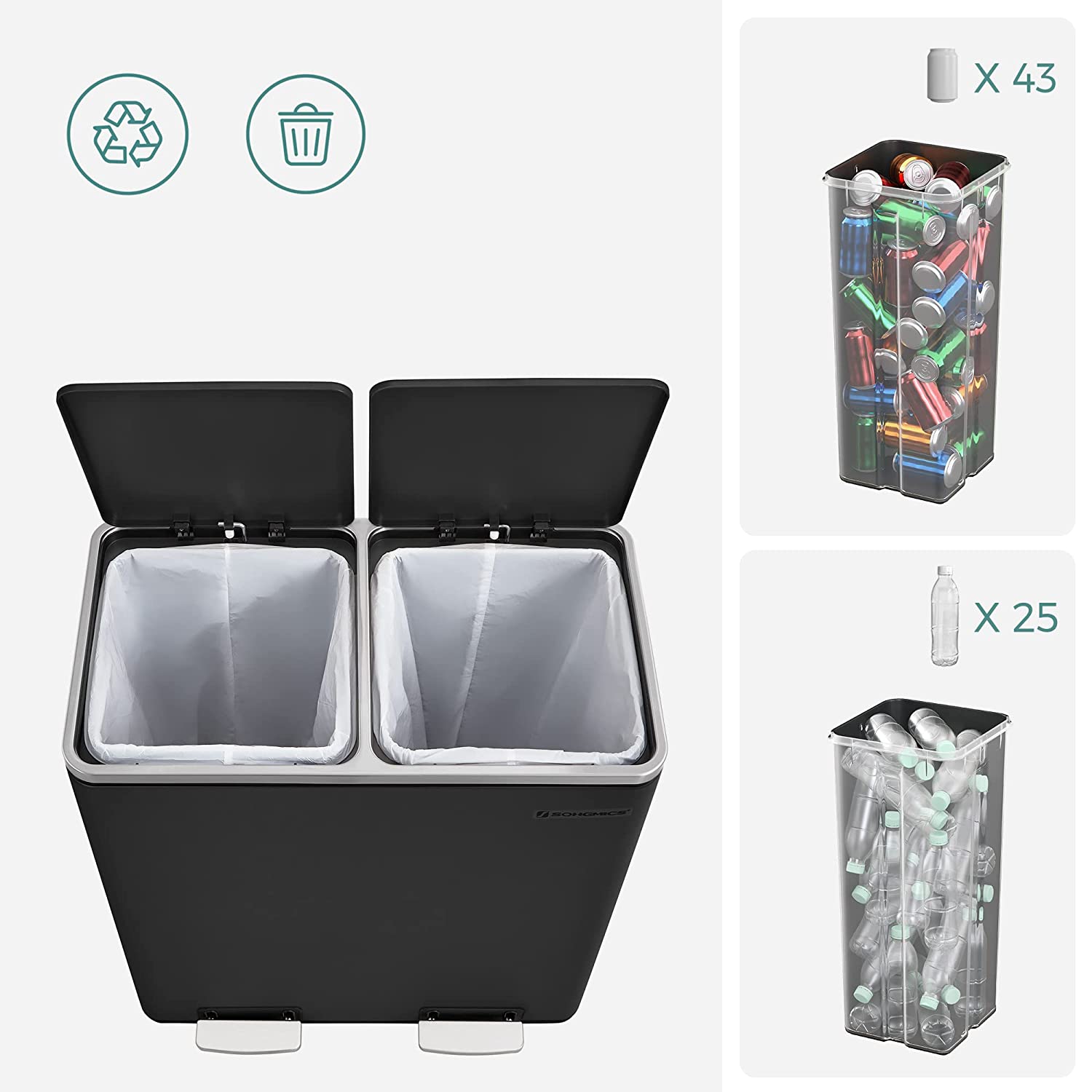 Airless metalna pedala dupla kanta za smeće, 2 x 30L, sa 15 vreća za smeće, crna | SONGMICS-vitahome.hr