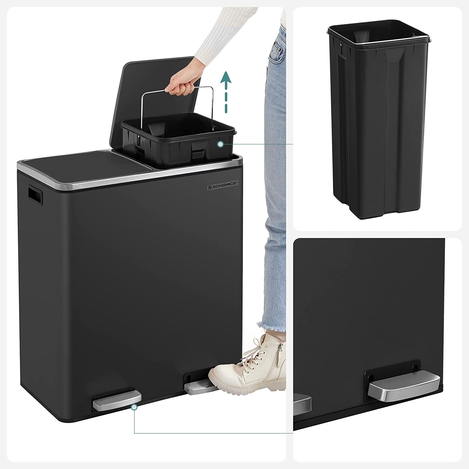 Airless metalna pedala dupla kanta za smeće, 2 x 30L, sa 15 vreća za smeće, crna | SONGMICS-vitahome.hr